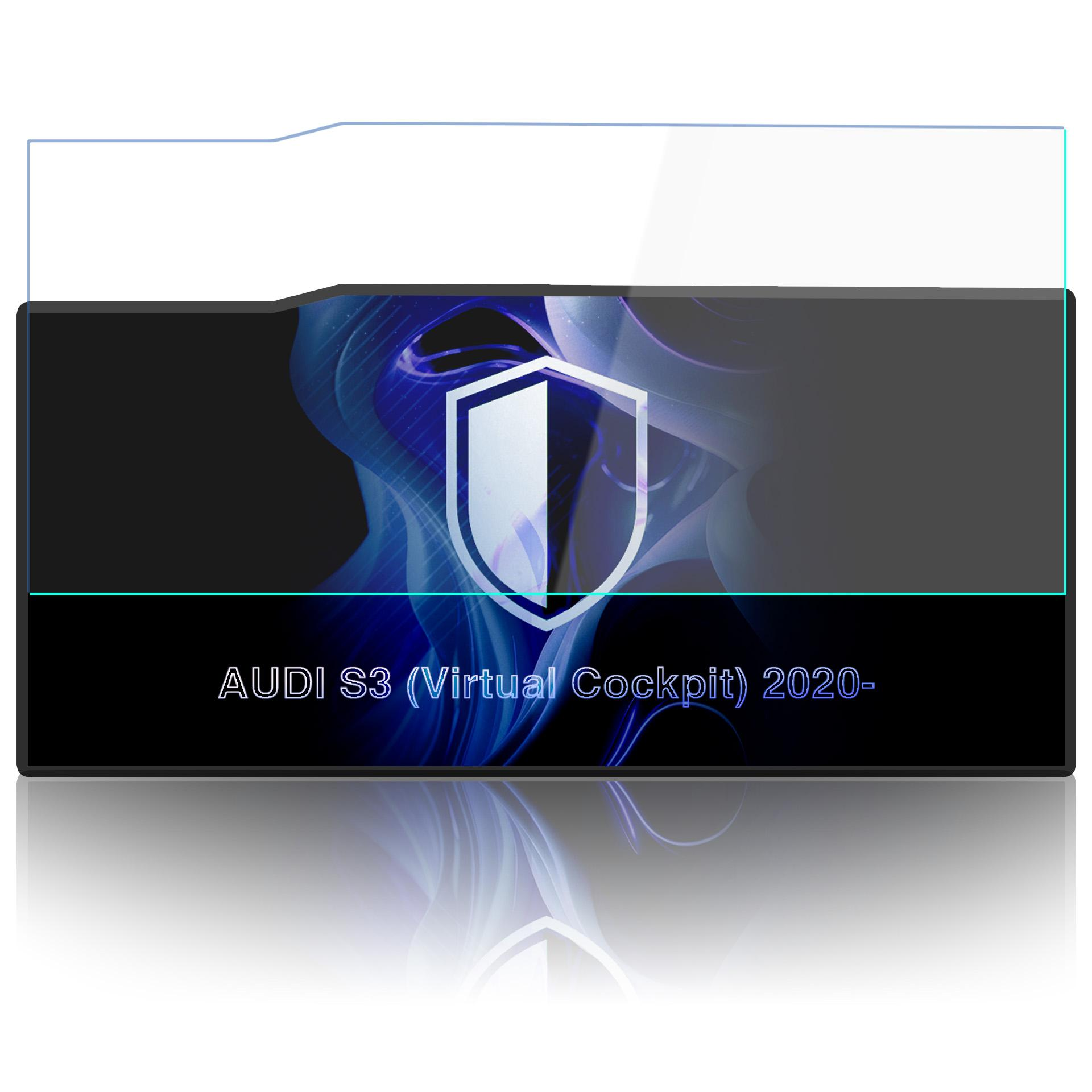 Wirtualny kokpit Audi S3 2020 z niebieskim wzorem i logo tarczy.