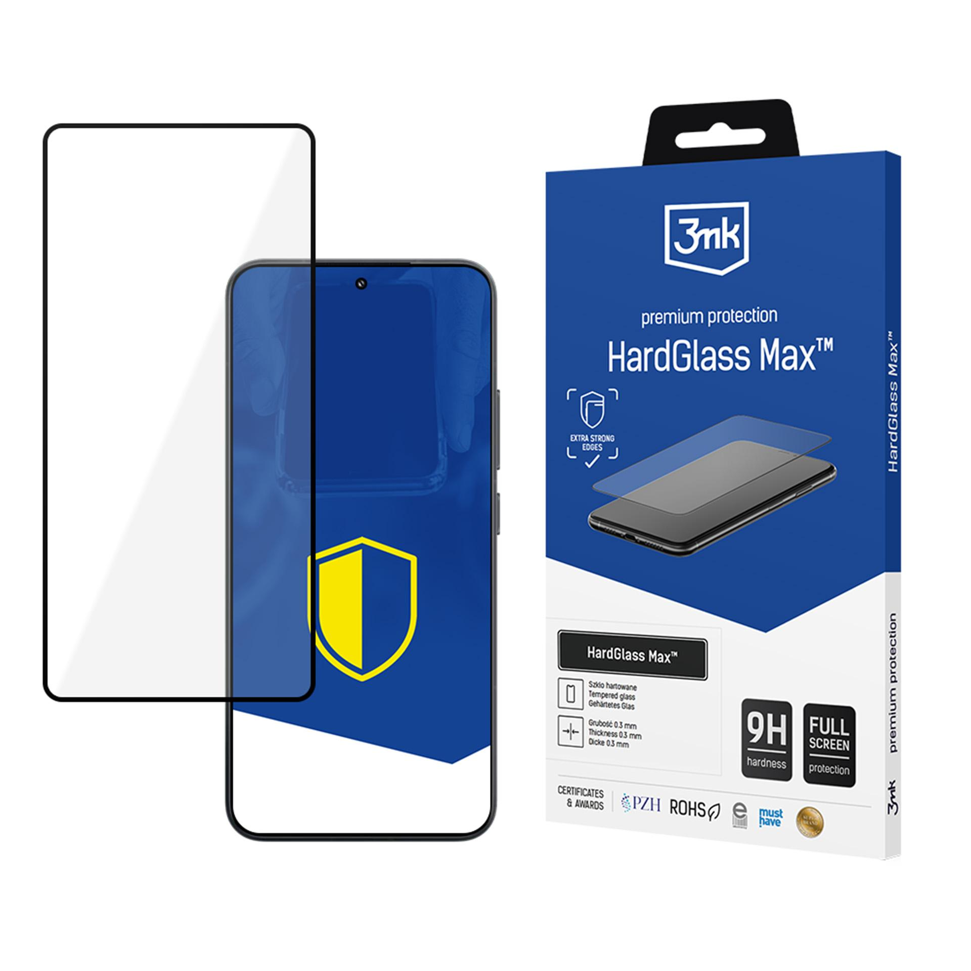 Protezione schermo 3mk HardGlass Max su smartphone con confezione.