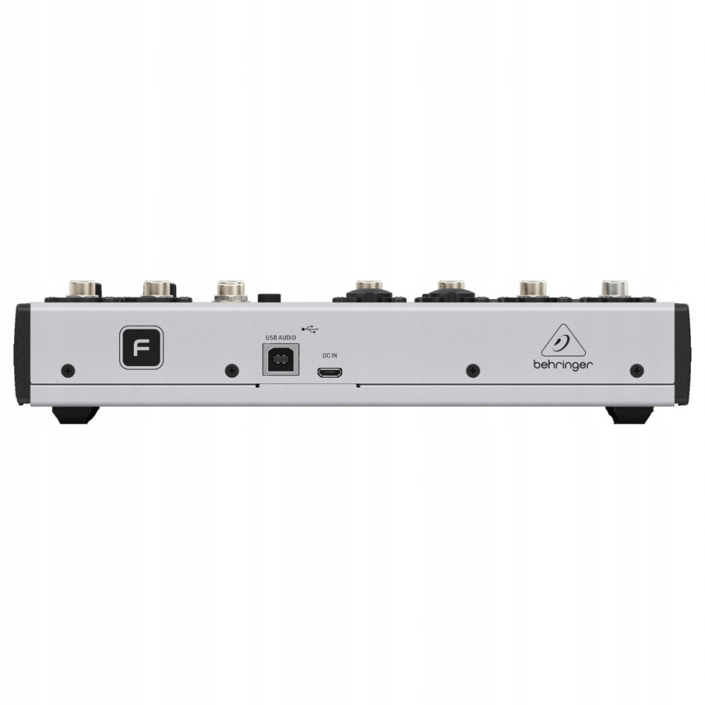 Srebrne urządzenie audio z pokrętłami, portami USB i DC.