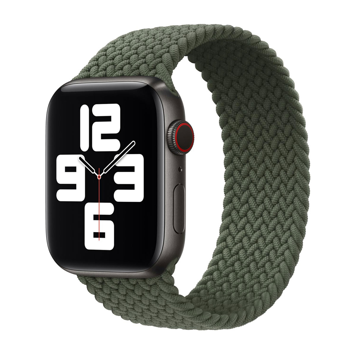Een groene Apple Watch met gevlochten band en digitaal display.
