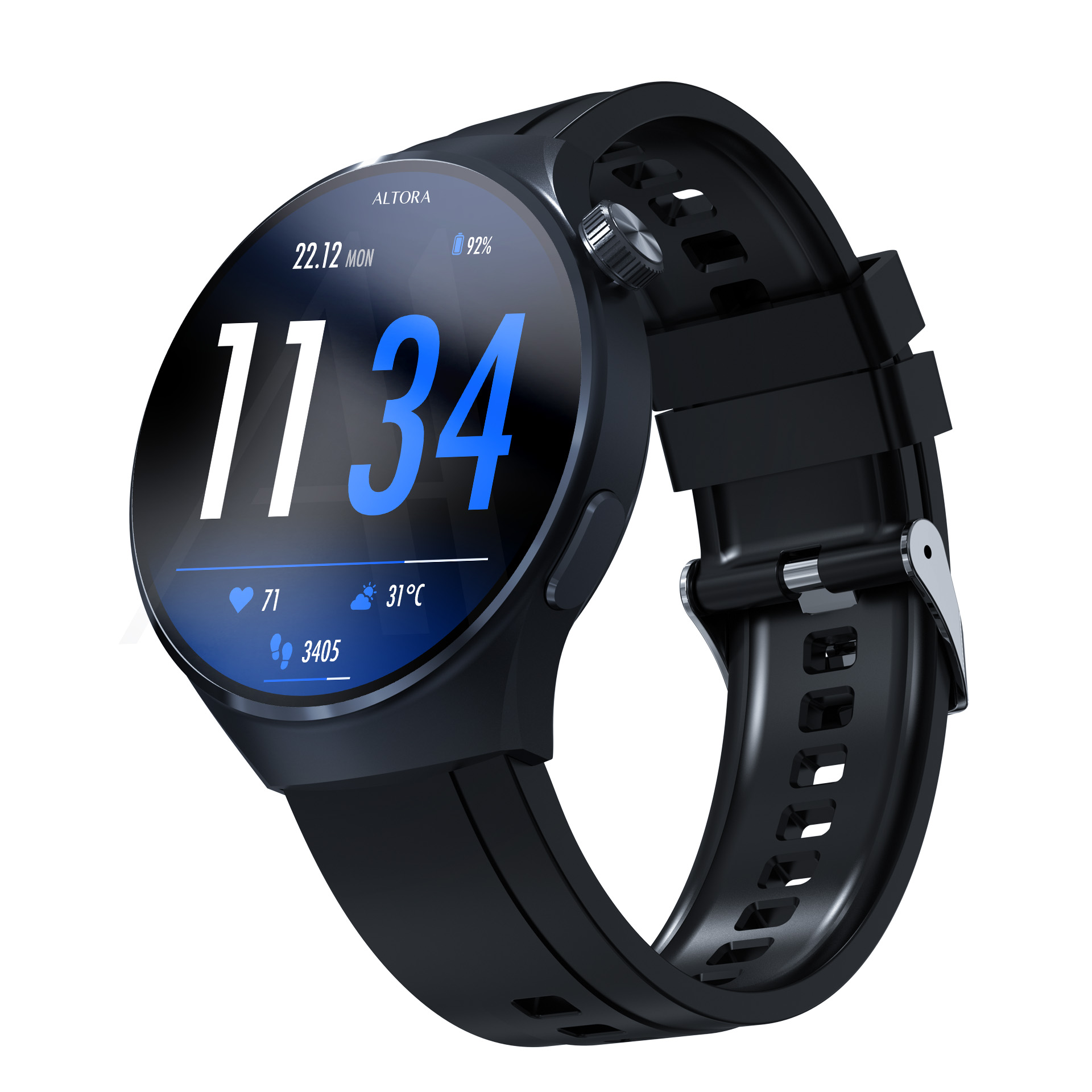 Czarny smartwatch pokazujący 11:34, 71 uderzeń serca, 31°C i 3405 kroków.