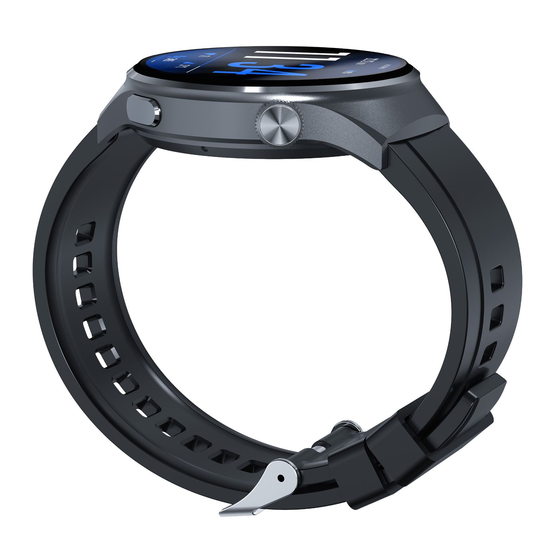 Szary smartwatch z czarnym paskiem i srebrną klamrą.