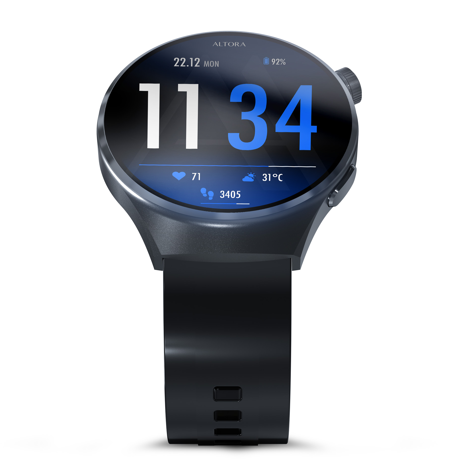 Szary smartwatch z czarnym paskiem pokazuje 11:34, 71 bpm, 3405 kroków, 31°C i 92% baterii.