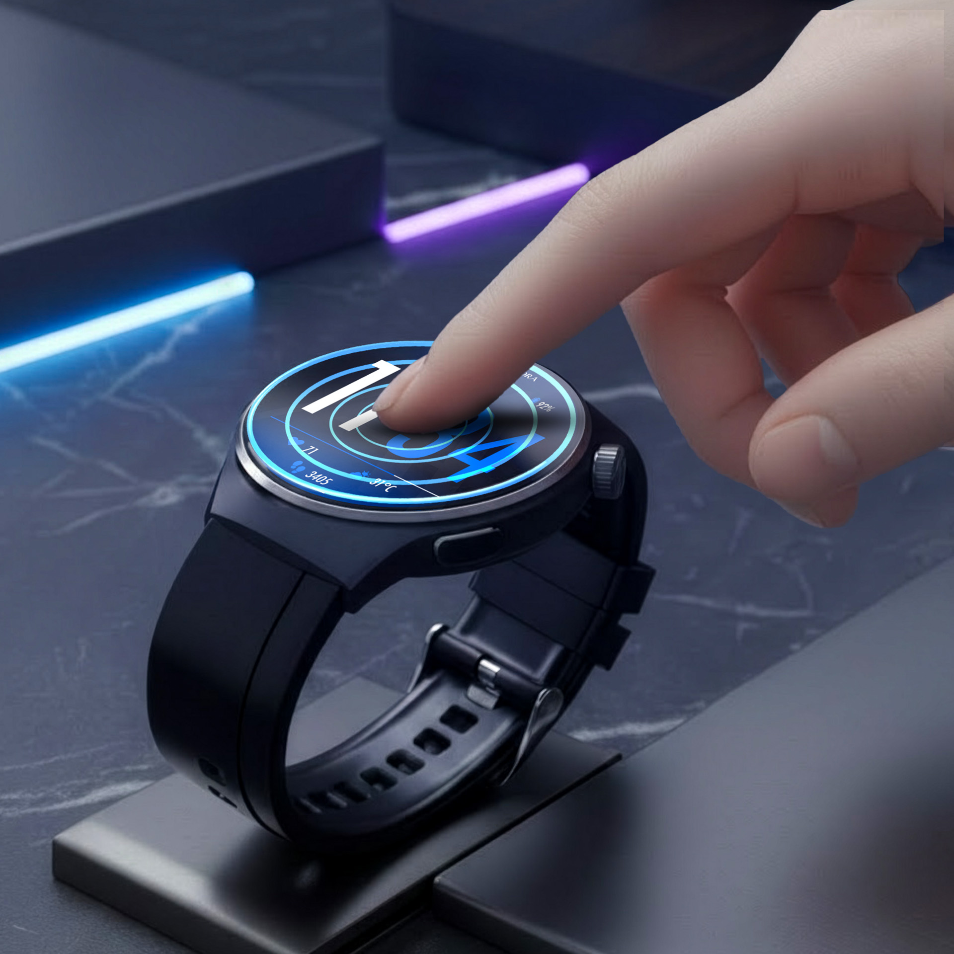 Palec dotyka ciemnego wyświetlacza smartwatch z niebieskimi akcentami.