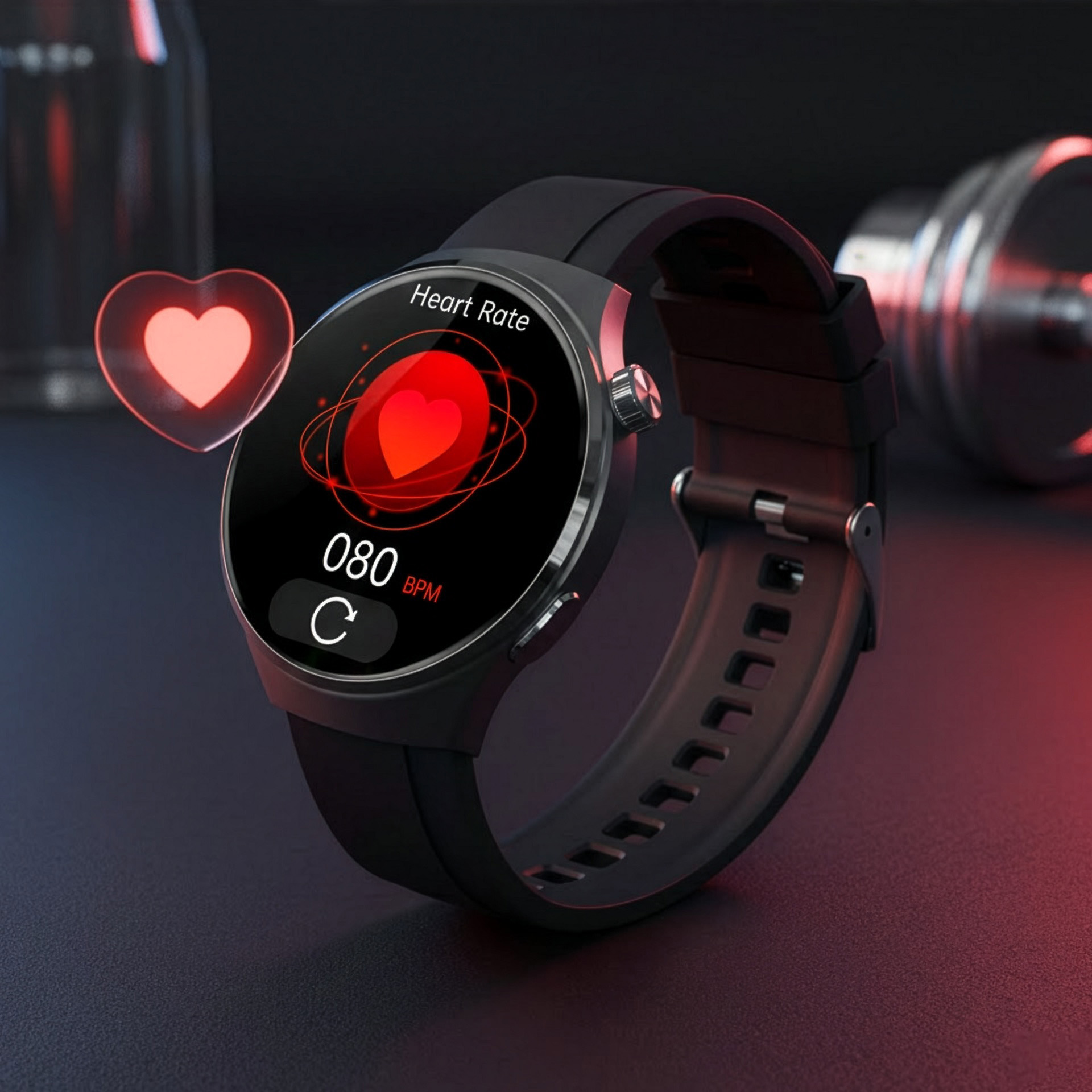 Czarny smartwatch wyświetlający tętno 80 BPM, z ikoną serca.