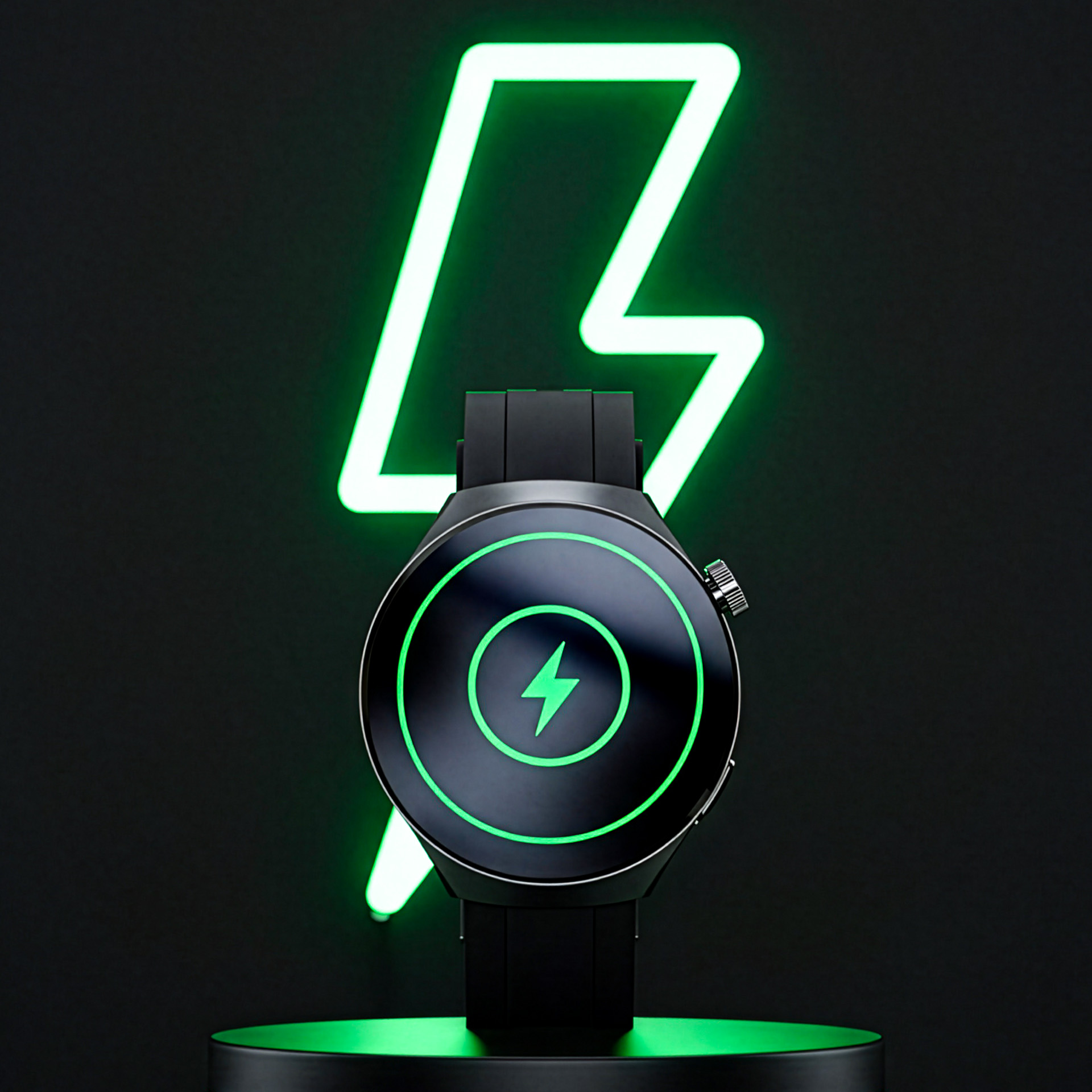Smartwatch z ikoną błyskawicy na ekranie, przed zielonym światłem błyskawicy.