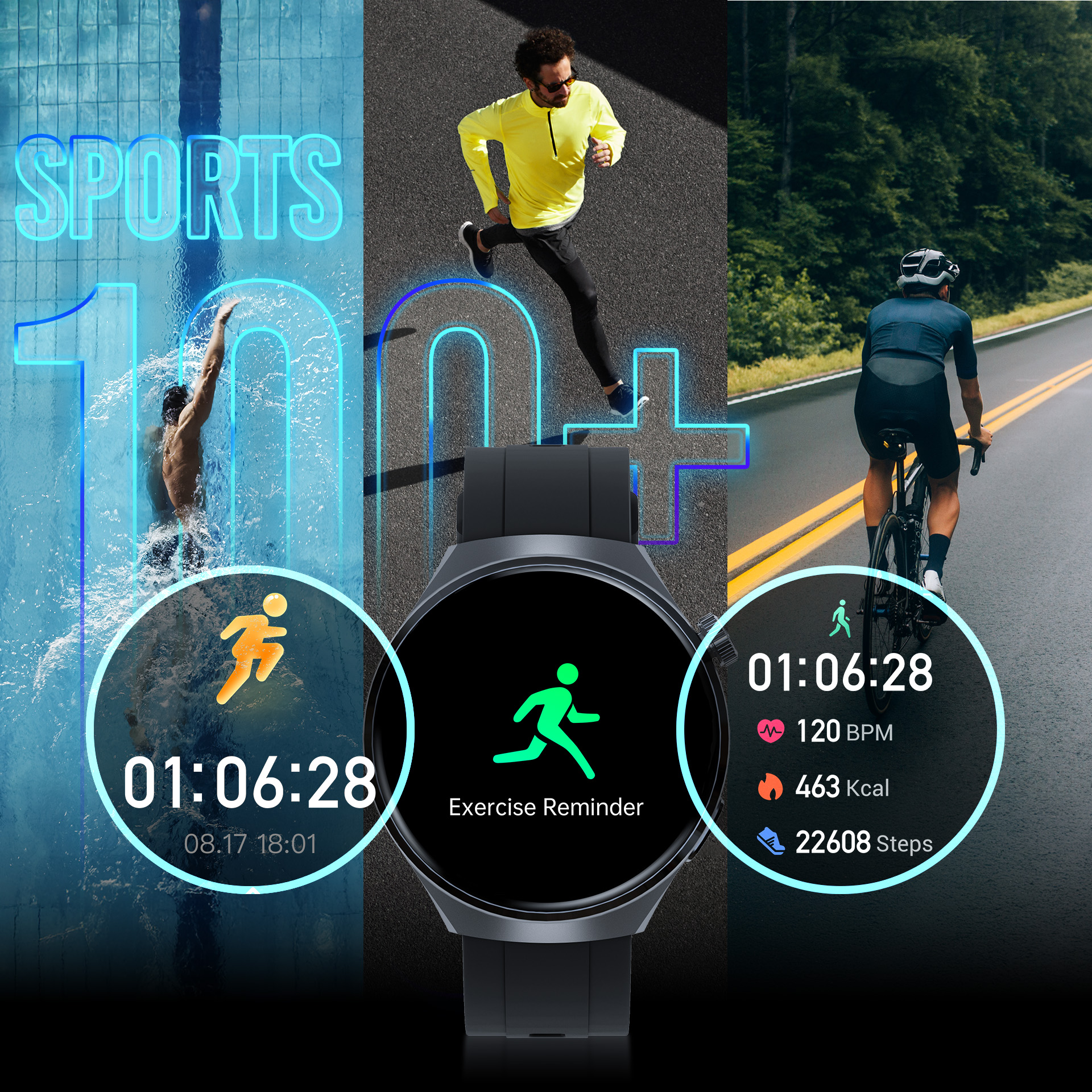Kolaż sportowy: pływanie, bieganie, jazda na rowerze, ze statystykami smartwatcha.