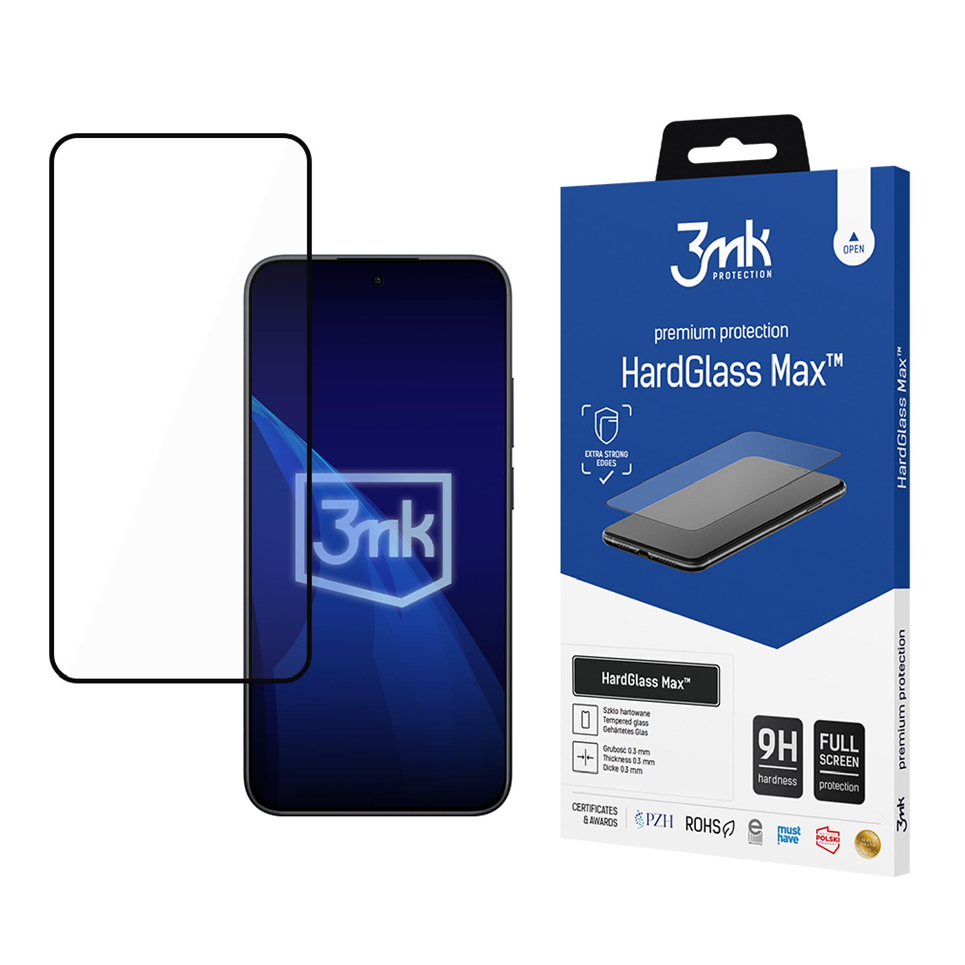 Una protezione per lo schermo dello smartphone e la sua confezione con logo "3mk HardGlass Max".