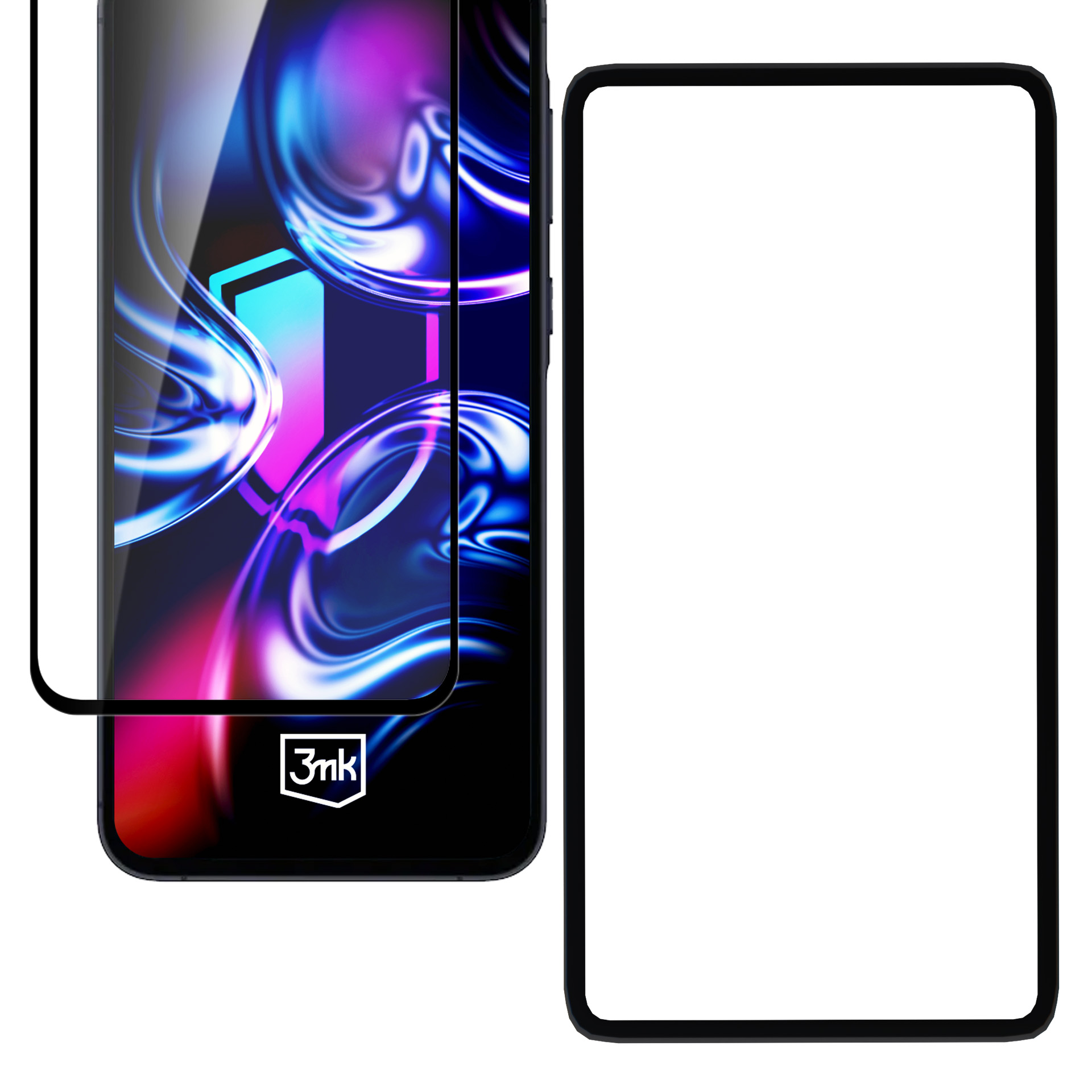 Una protezione dello schermo su un display di smartphone accanto a una protezione vuota.