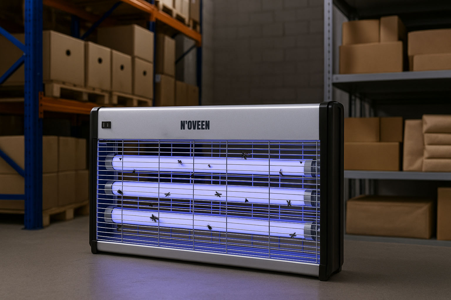 Lampa owadobójcza z niebieskimi świetlówkami przyciąga muchy, w magazynie.