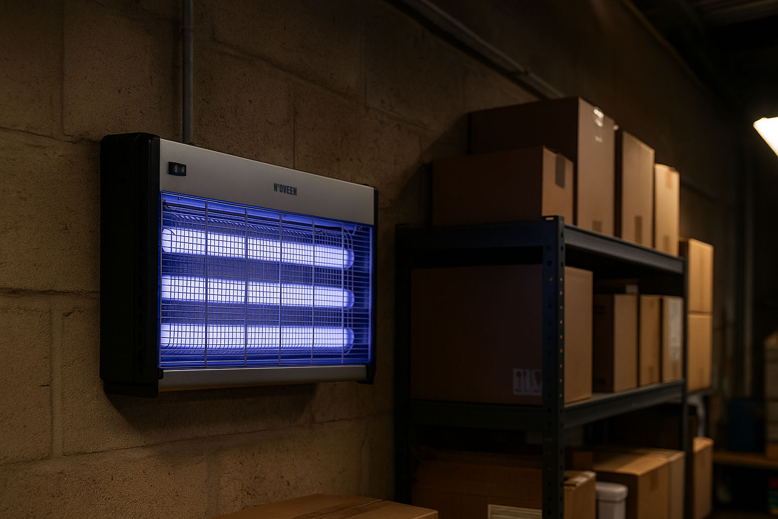 Niebieski, świecący zabójca owadów wisi na betonowej ścianie obok regałów z kartonowymi pudełkami.