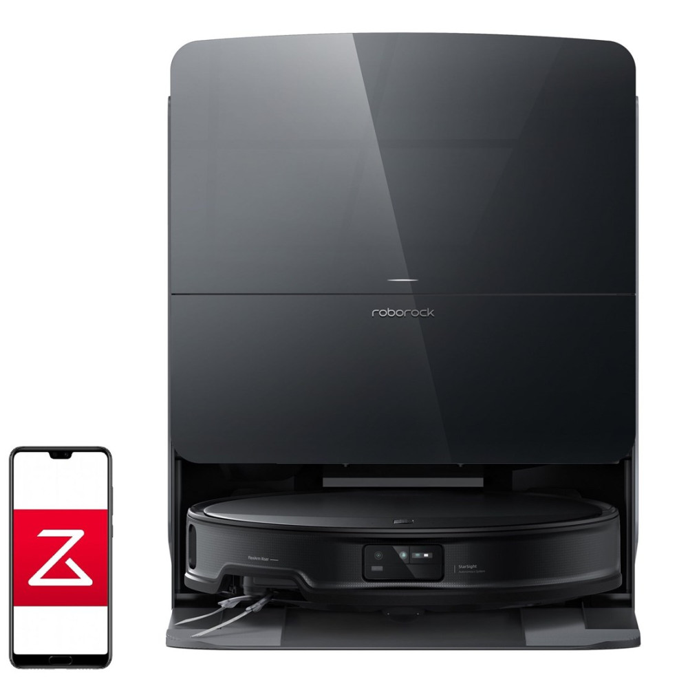 Czarny robot sprzątający ze stacją dokującą i obok smartfonem.