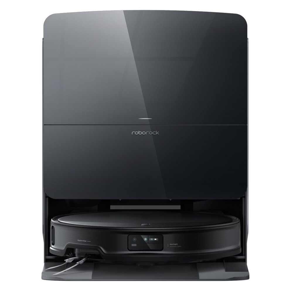 Czarny robot sprzątający ze stacją dokującą. Widoczne jest logo Roborock.