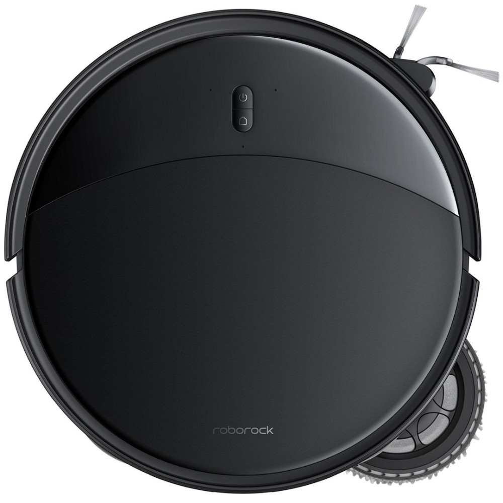 Czarny robot sprzątający z szczotkami i przyciskami sterującymi na białym tle.