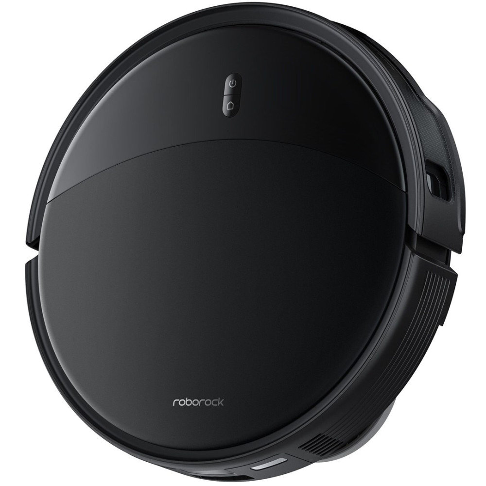 Czarny, okrągły robot sprzątający z przyciskiem zasilania i ikoną domu.