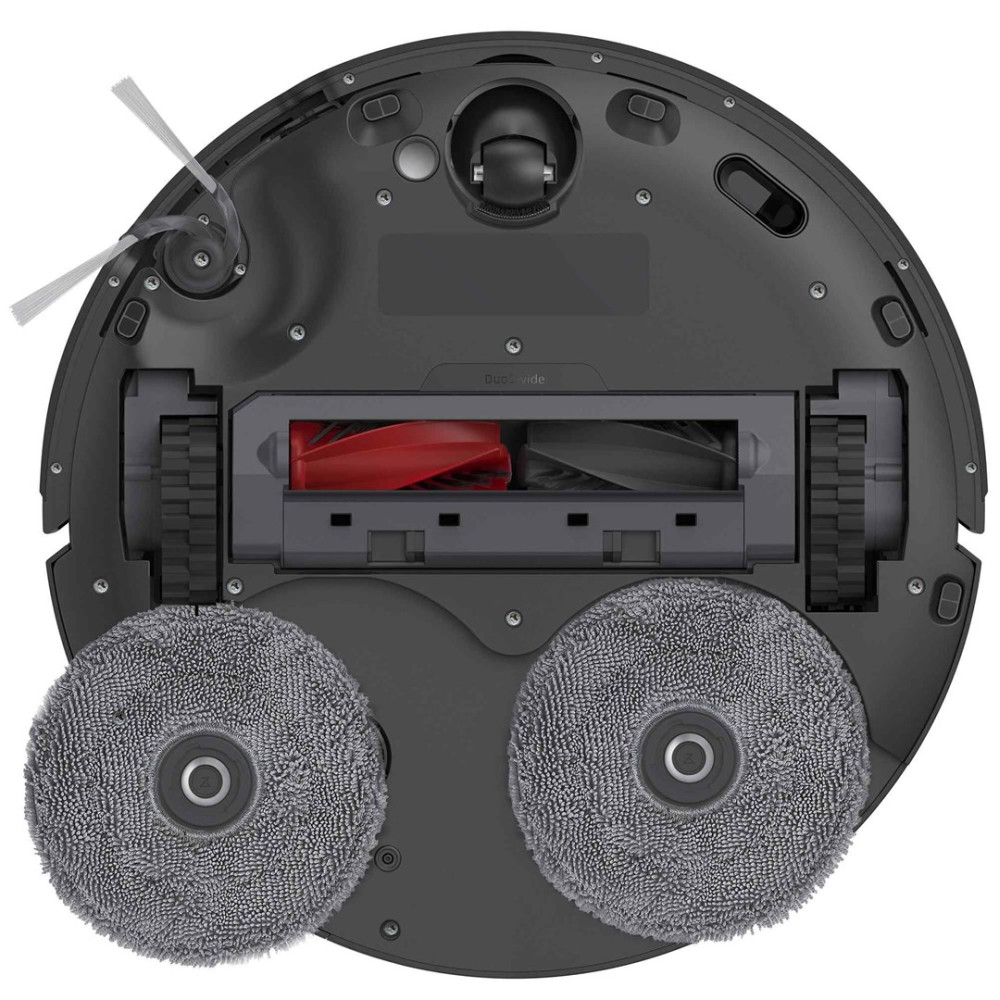 Spód robota odkurzającego z obrotową szczotką, kołami i nakładkami mopującymi.