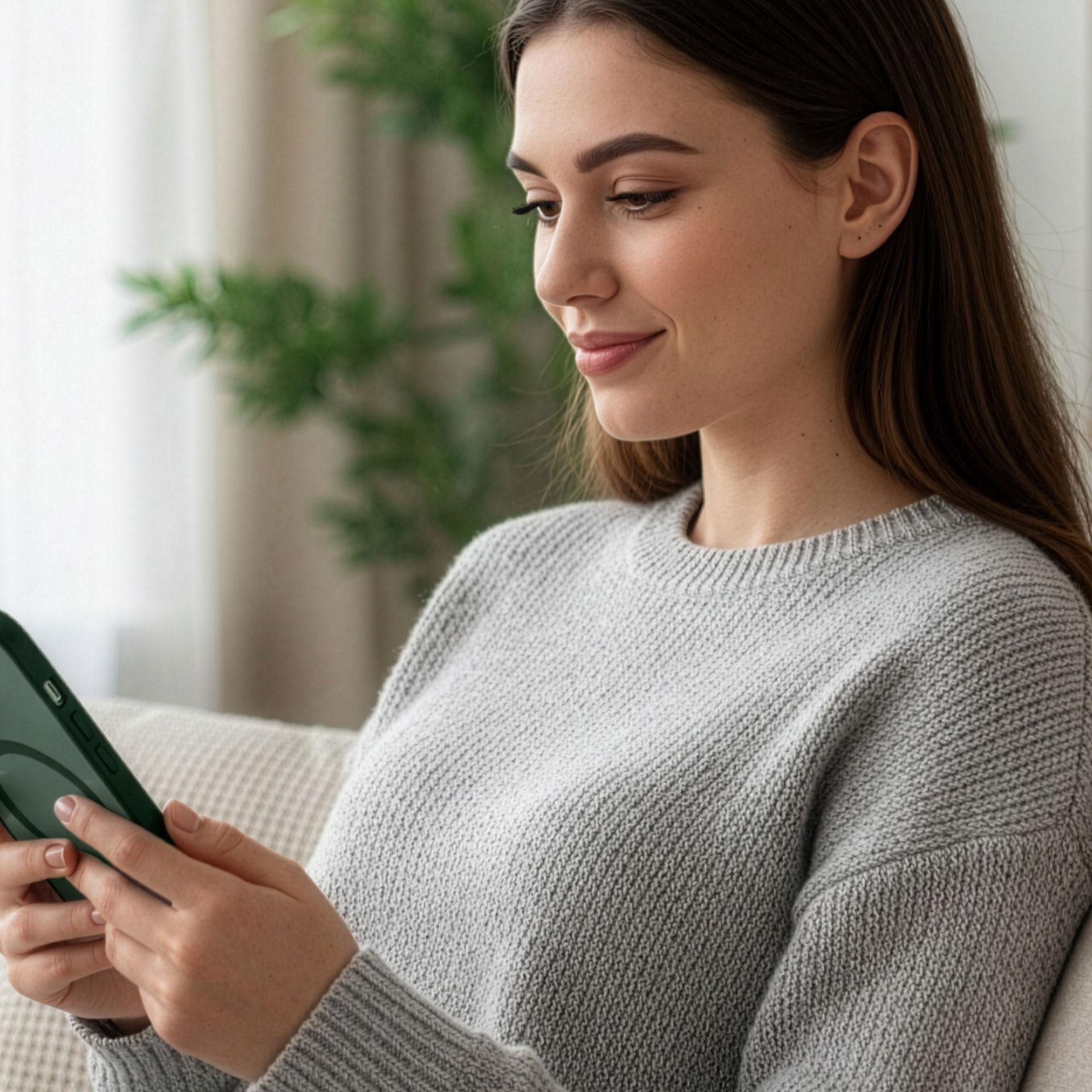 Kobieta w szarym swetrze trzyma smartfona.