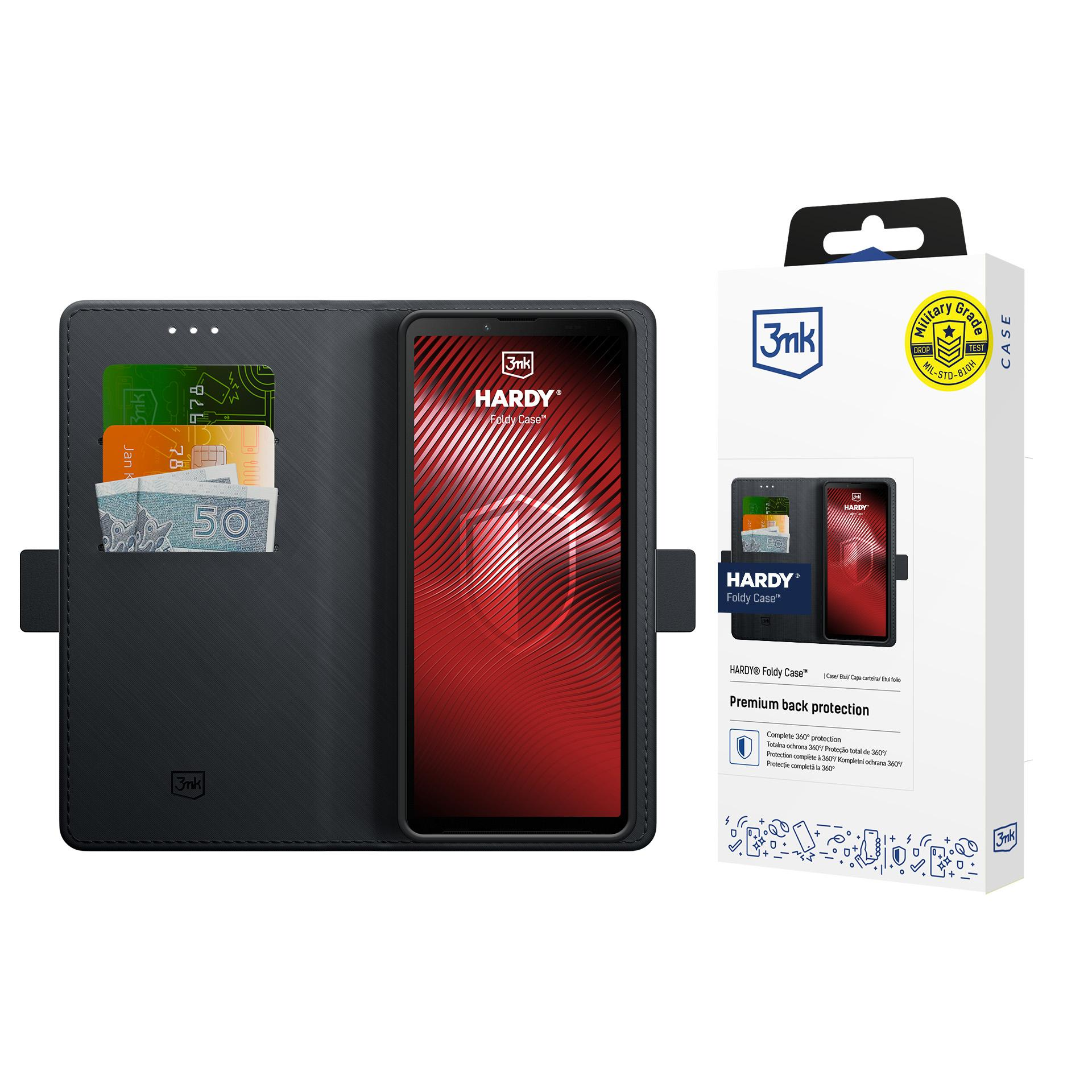 Czarna nakładka na telefon z miejscem na karty i banknoty, obok opakowania.