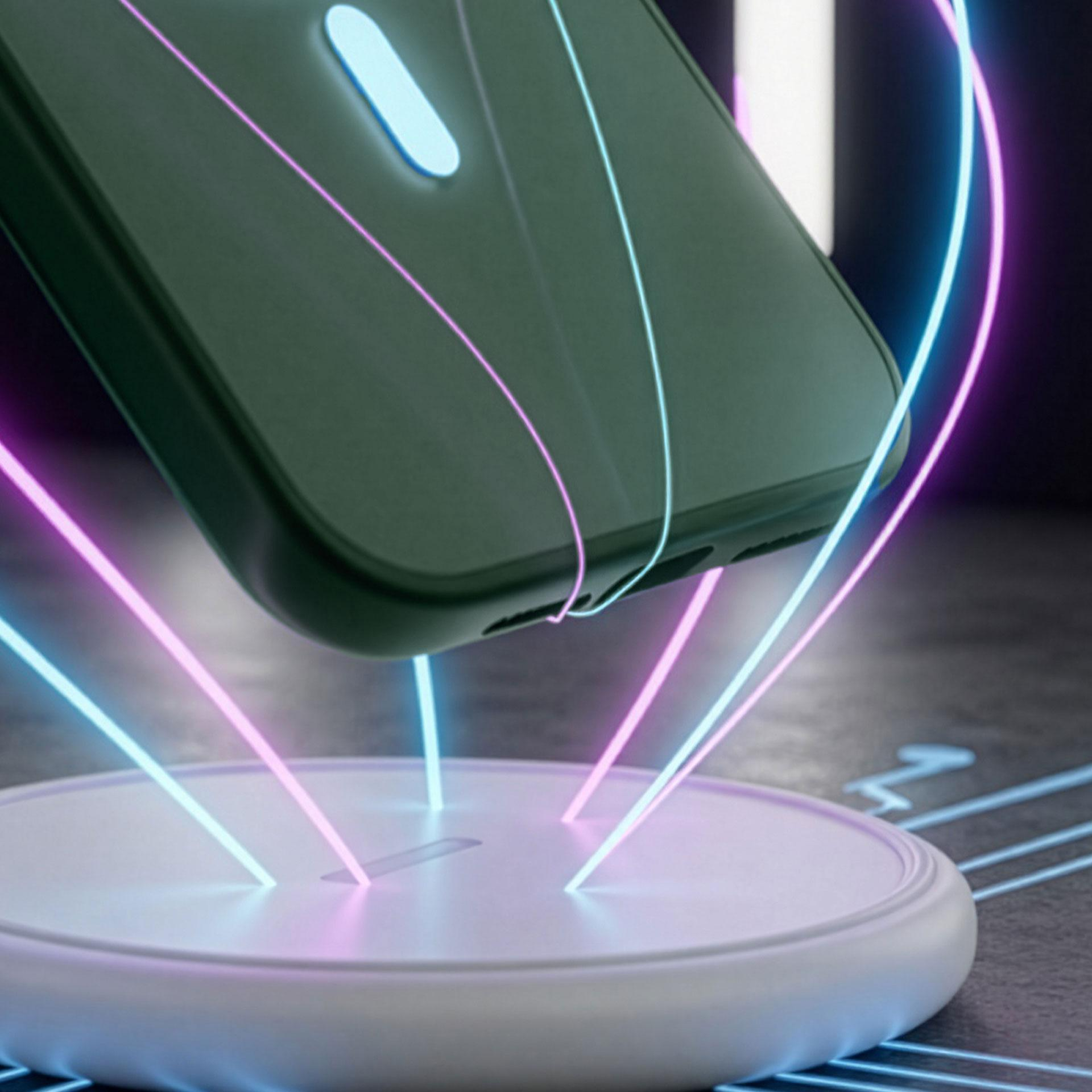 Bezprzewodowa podkładka ładująca z neonowymi promieniami światła.