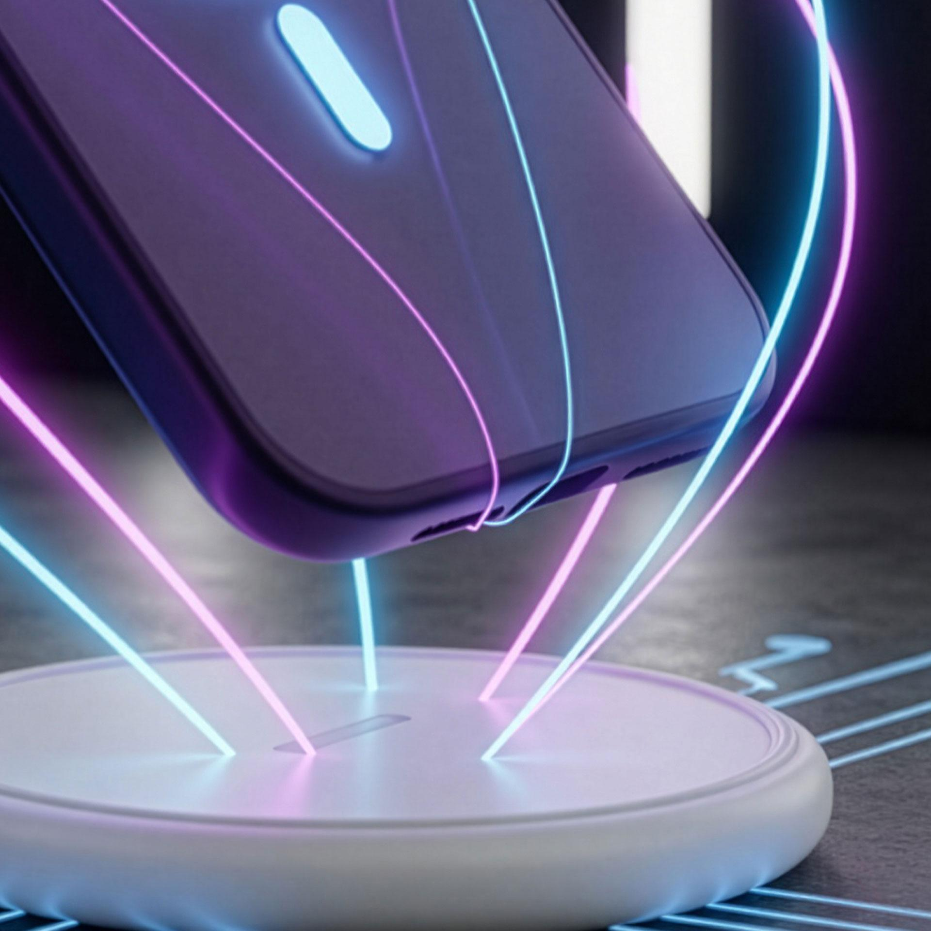 Fioletowy smartfon unosi się nad białą ładowarką z neonowymi światłami.