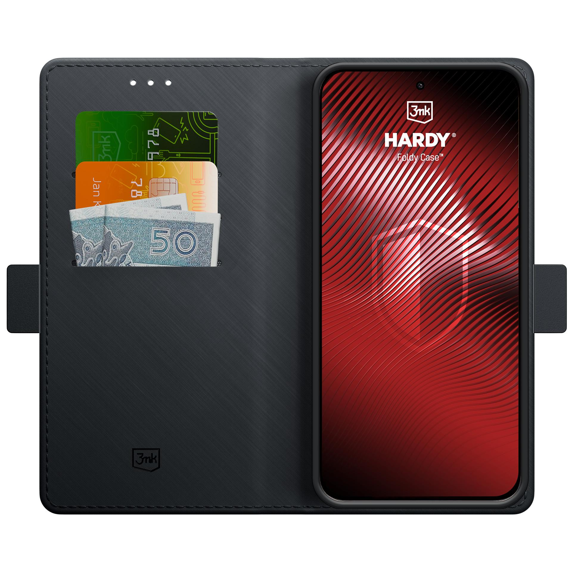 Czarna obudowa na telefon z miejscami na karty i banknotami. Telefon jest włożony.