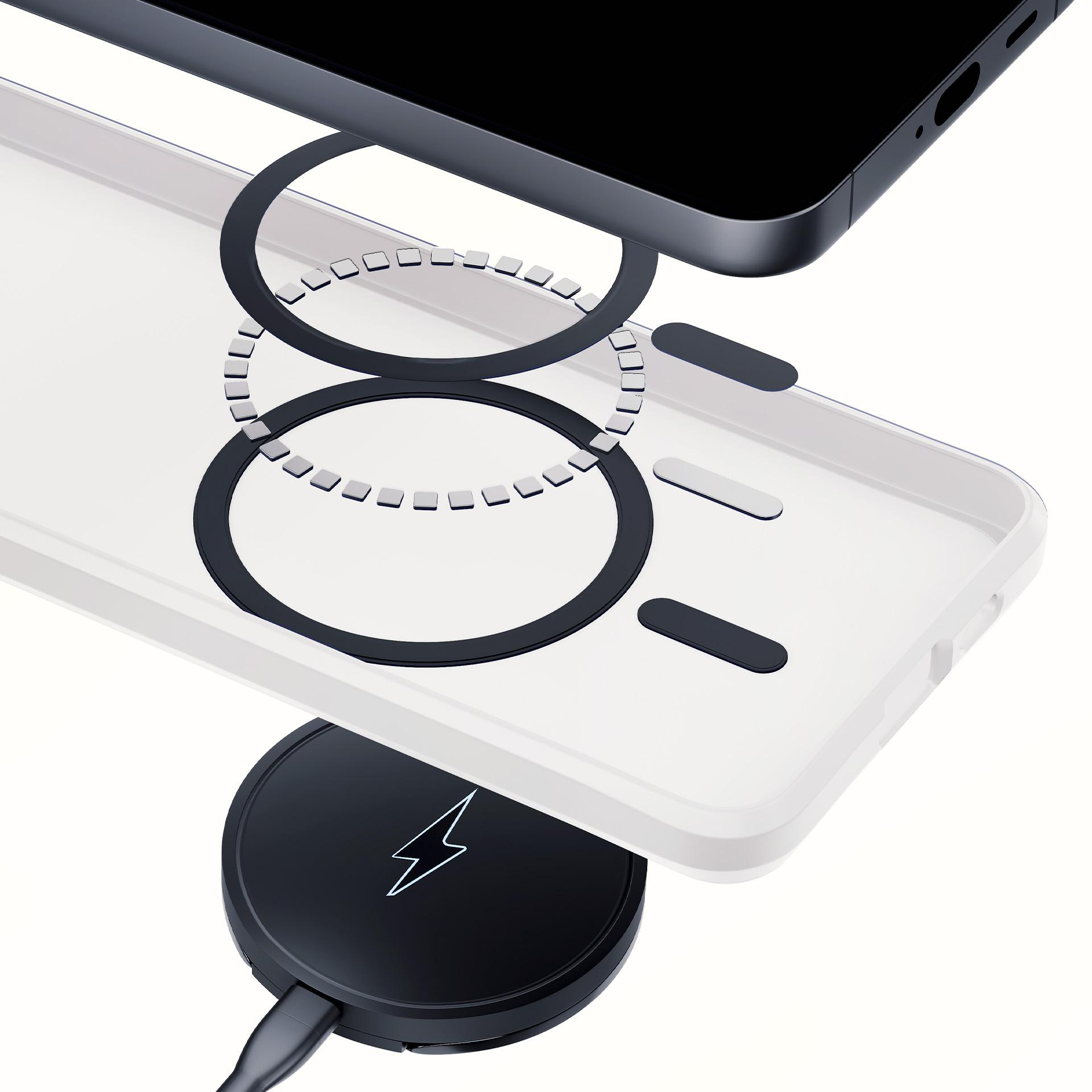 Zbliżenie białej obudowy telefonu z pierścieniem magnetycznym i adapterem ładowania.