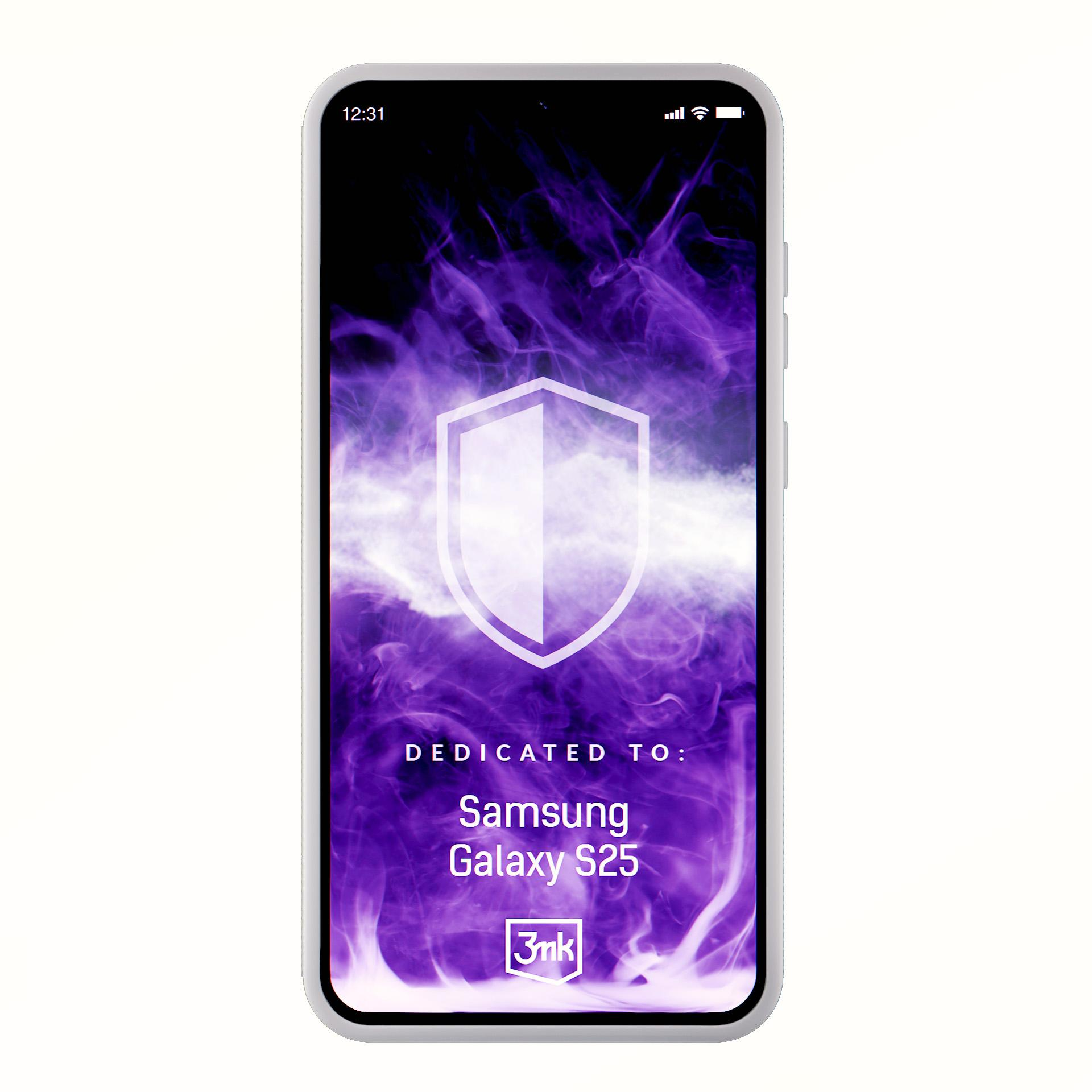 Smartfon z fioletową tapetą z płomieniami, ikoną tarczy i tekstem.