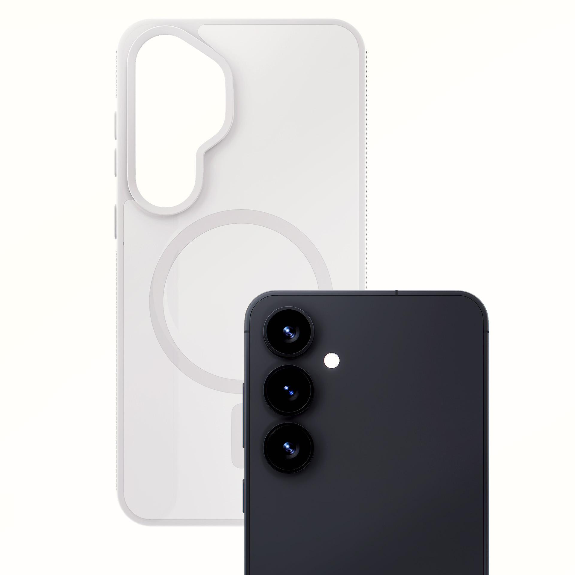 Ciemnoszary smartfon z trzema aparatami obok białego etui ochronnego.