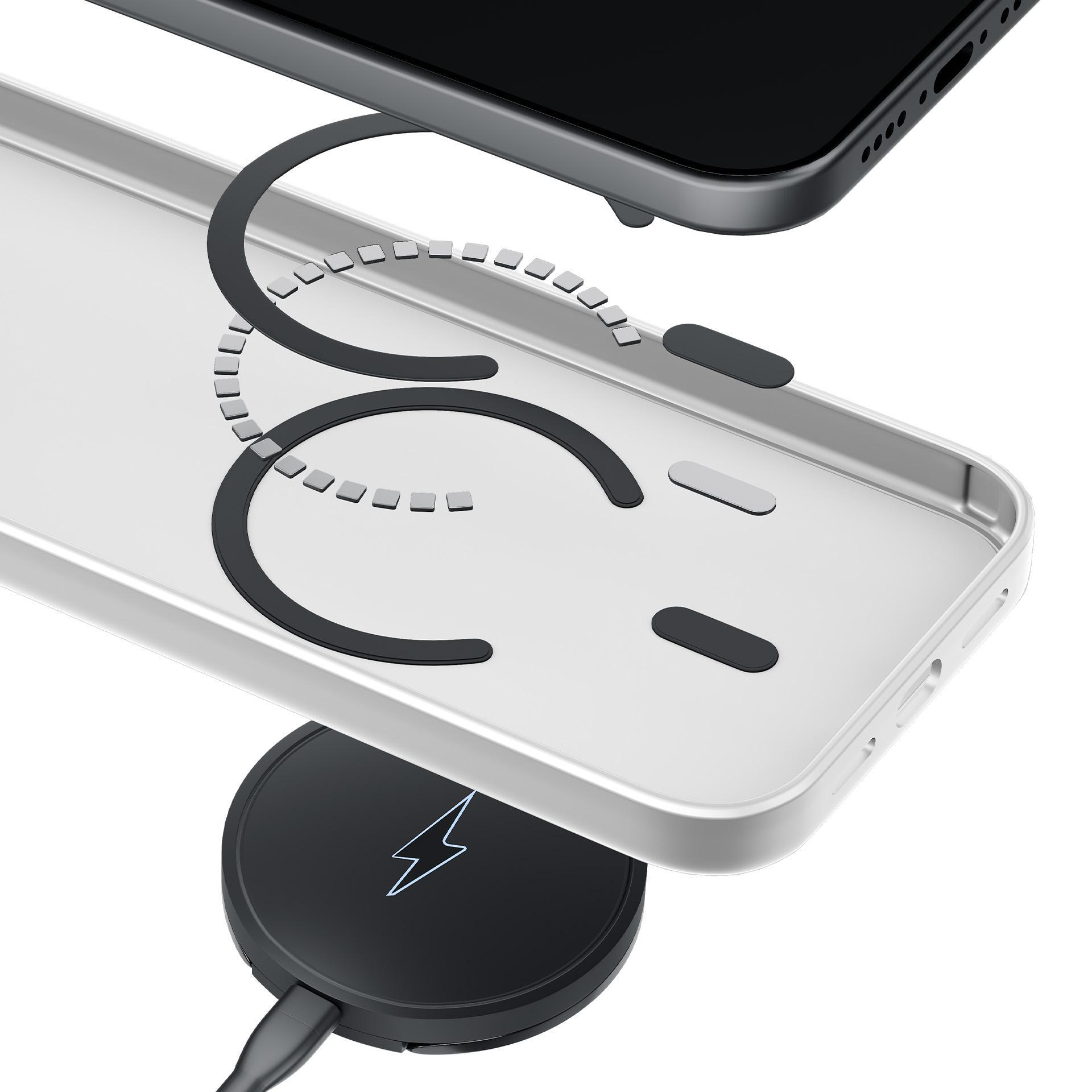 Una cover argentata per telefono con anello di ricarica nero e simbolo fulmine.