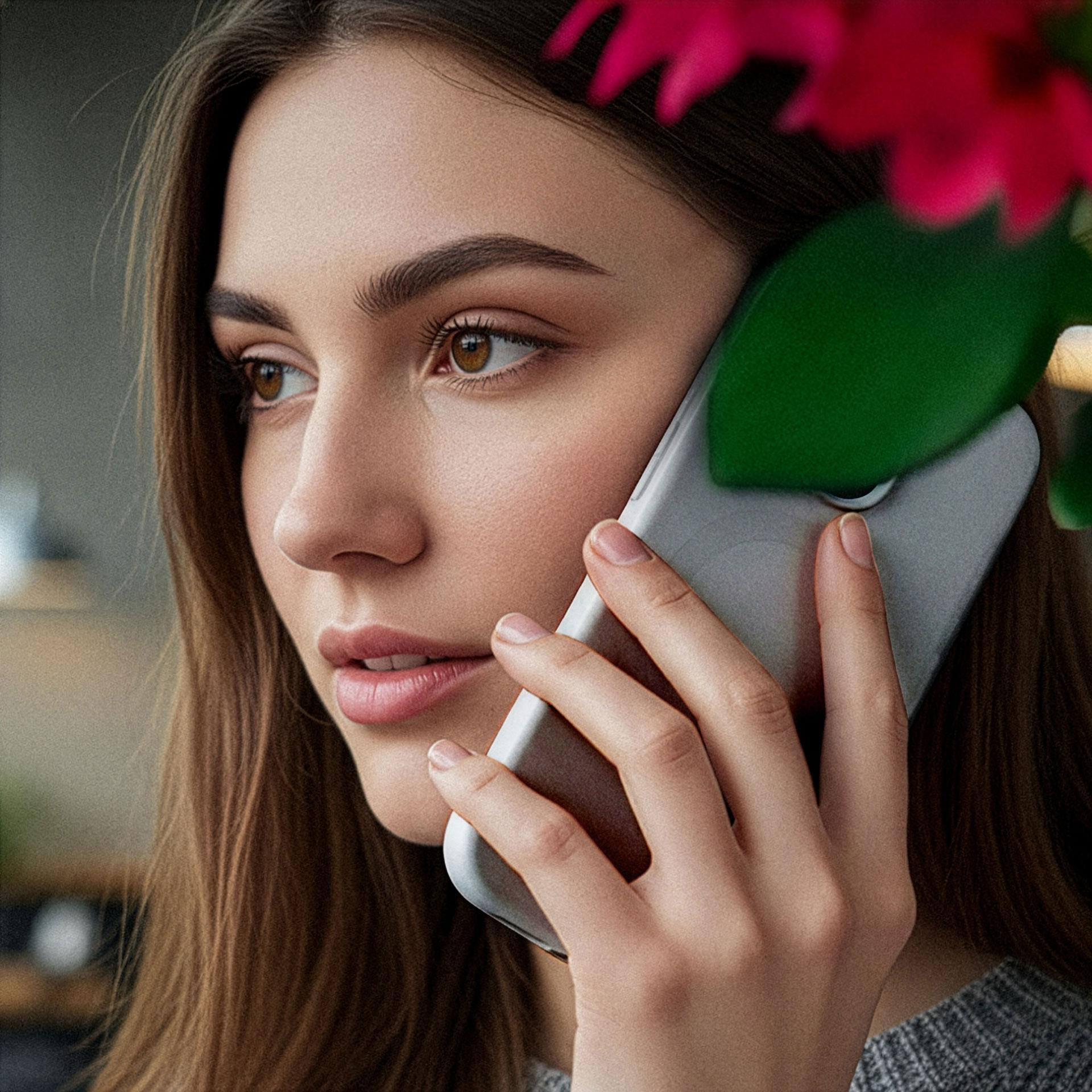 Una donna con i capelli castani parla al telefono, con un fiore in primo piano.