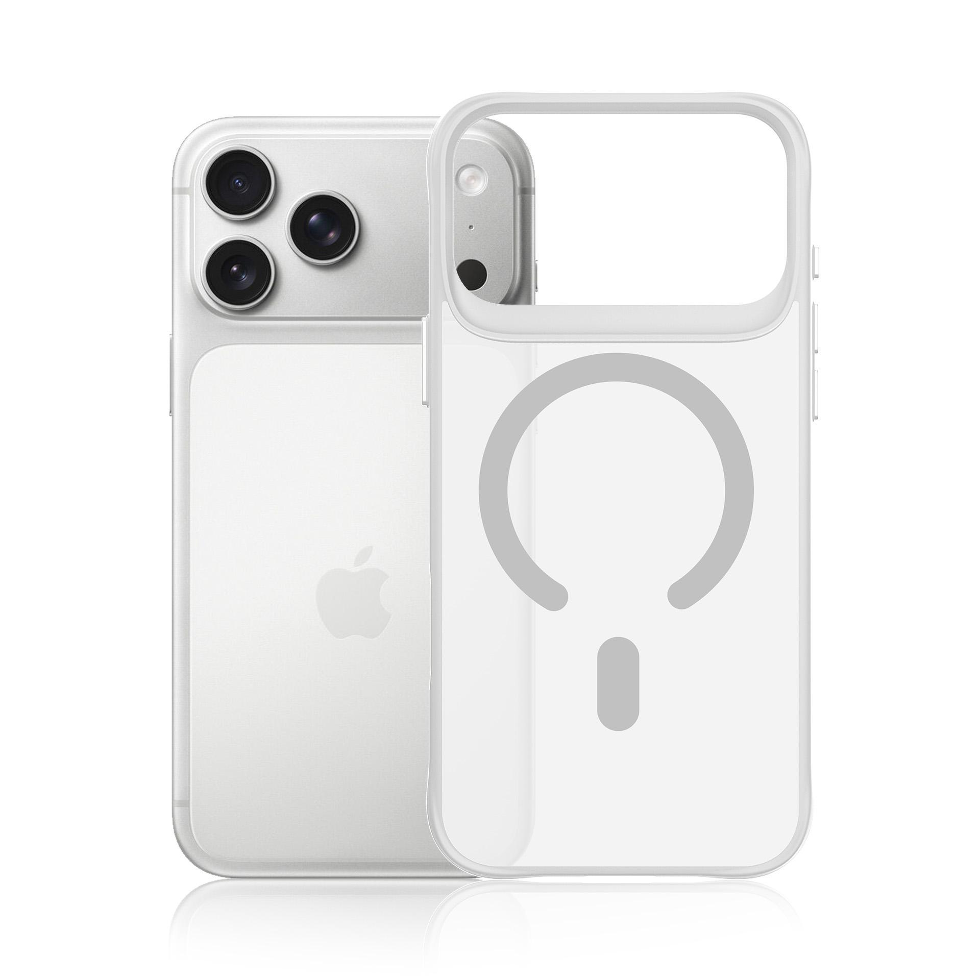Un iPhone bianco con tre fotocamere accanto a una custodia trasparente con cerchio.