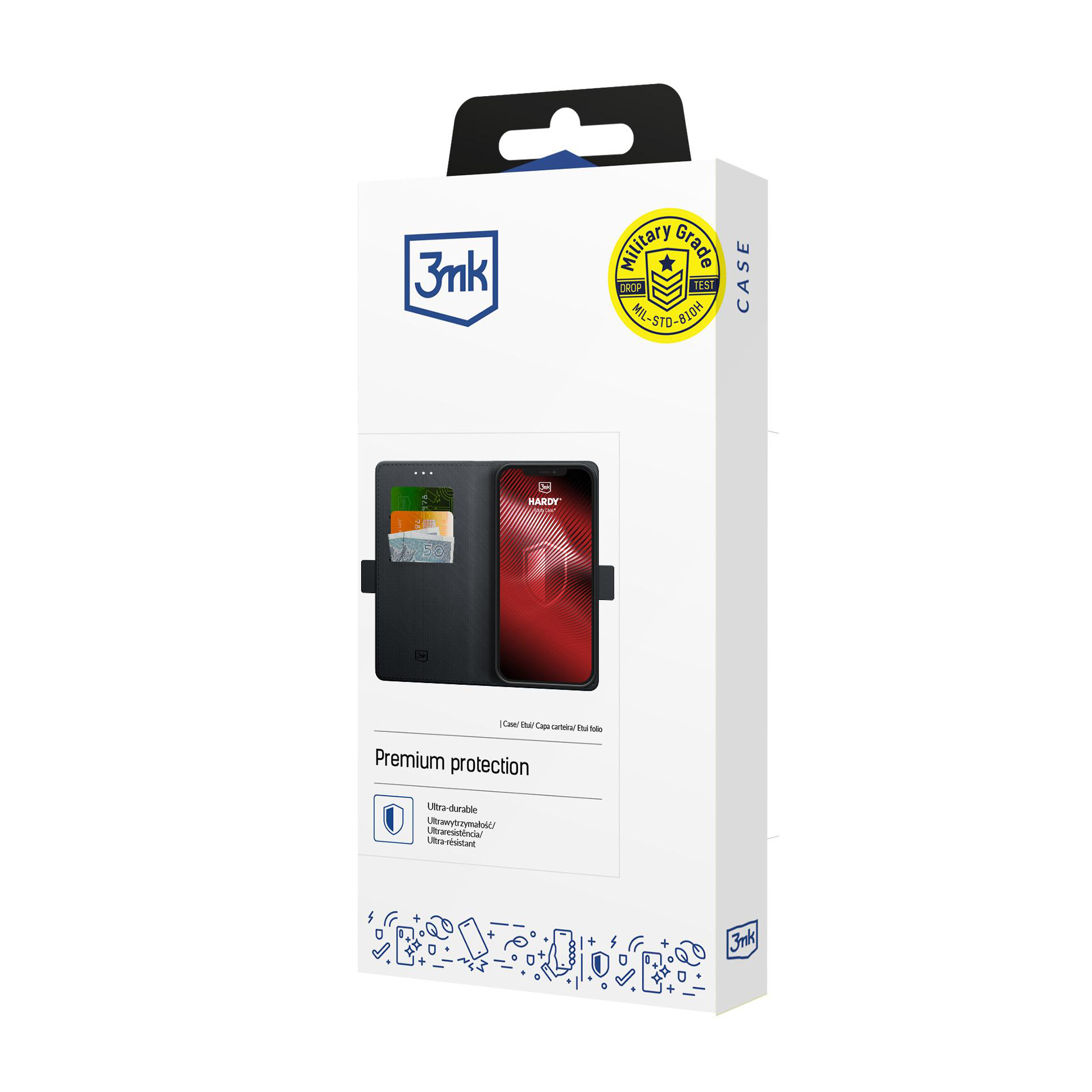 Opakowanie czarnego etui na telefon z miejscem na karty i czerwonym wyświetlaczem.