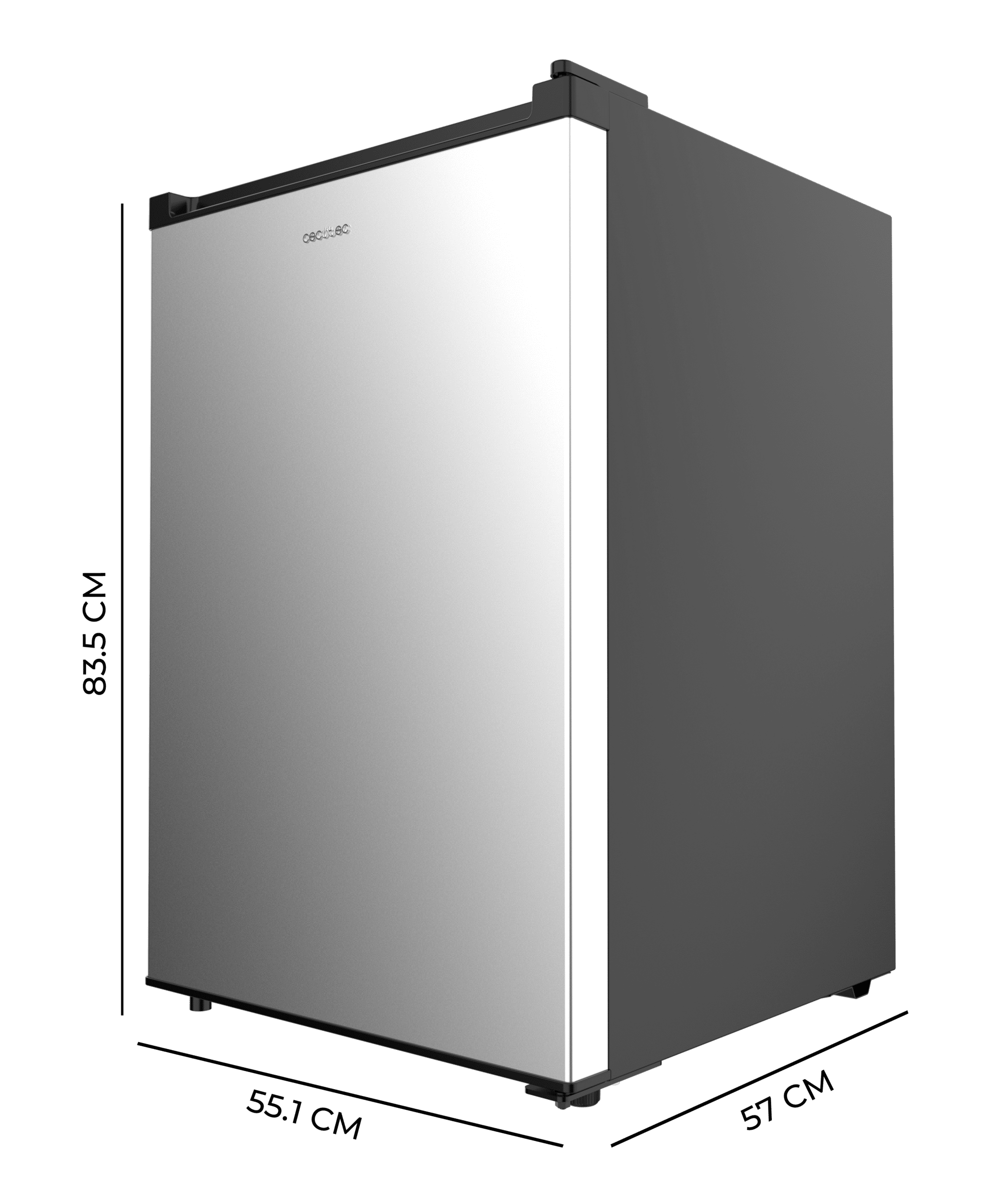 Srebrna lodówka z czarnymi bokami, wymiary 83,5x55,1x57 cm.