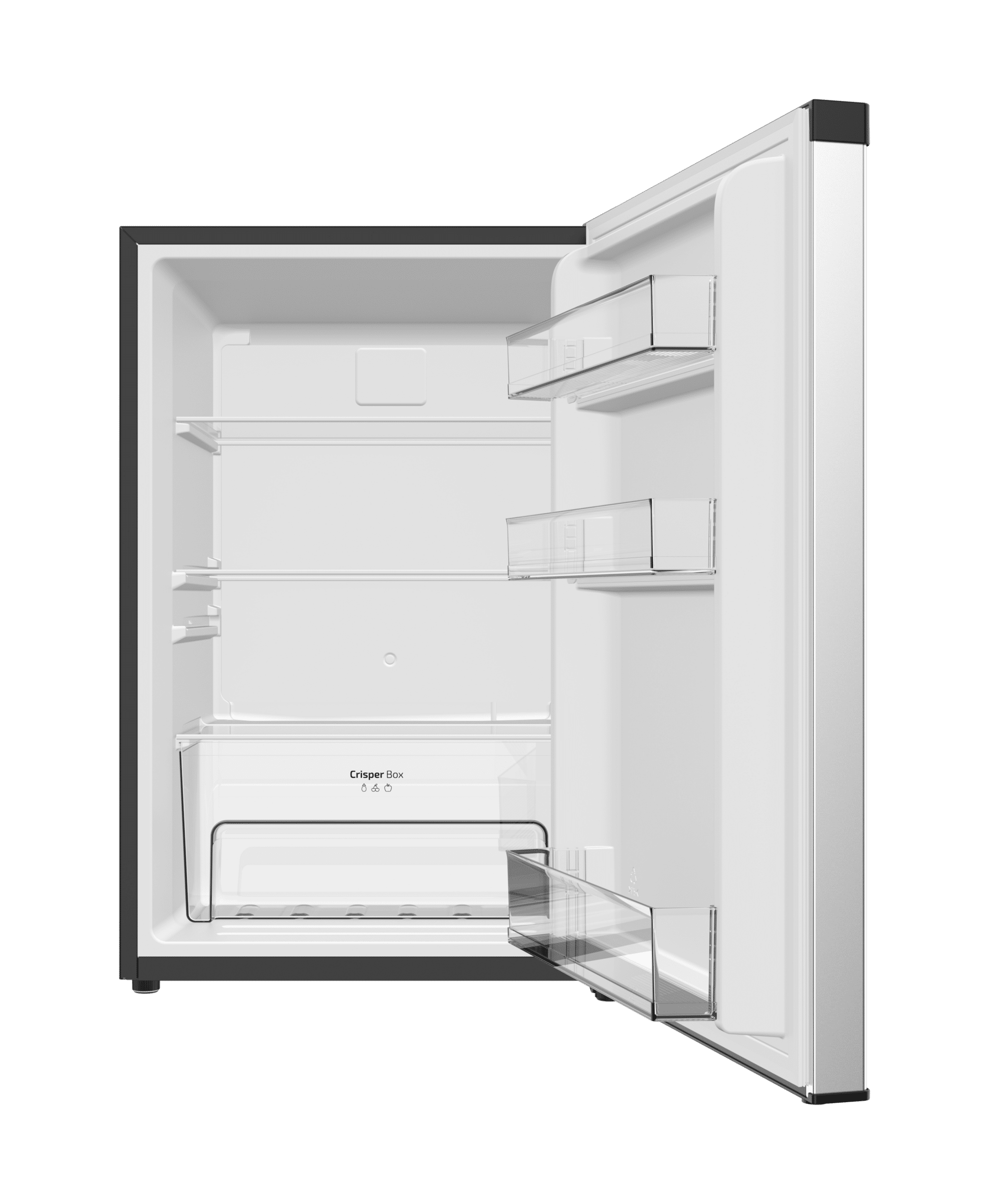 Pusta lodówka z otwartymi drzwiami, pokazująca szklane półki.