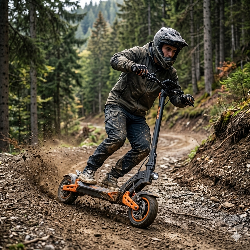 Uomo guida e-scooter su sentiero forestale fangoso, solleva terra.