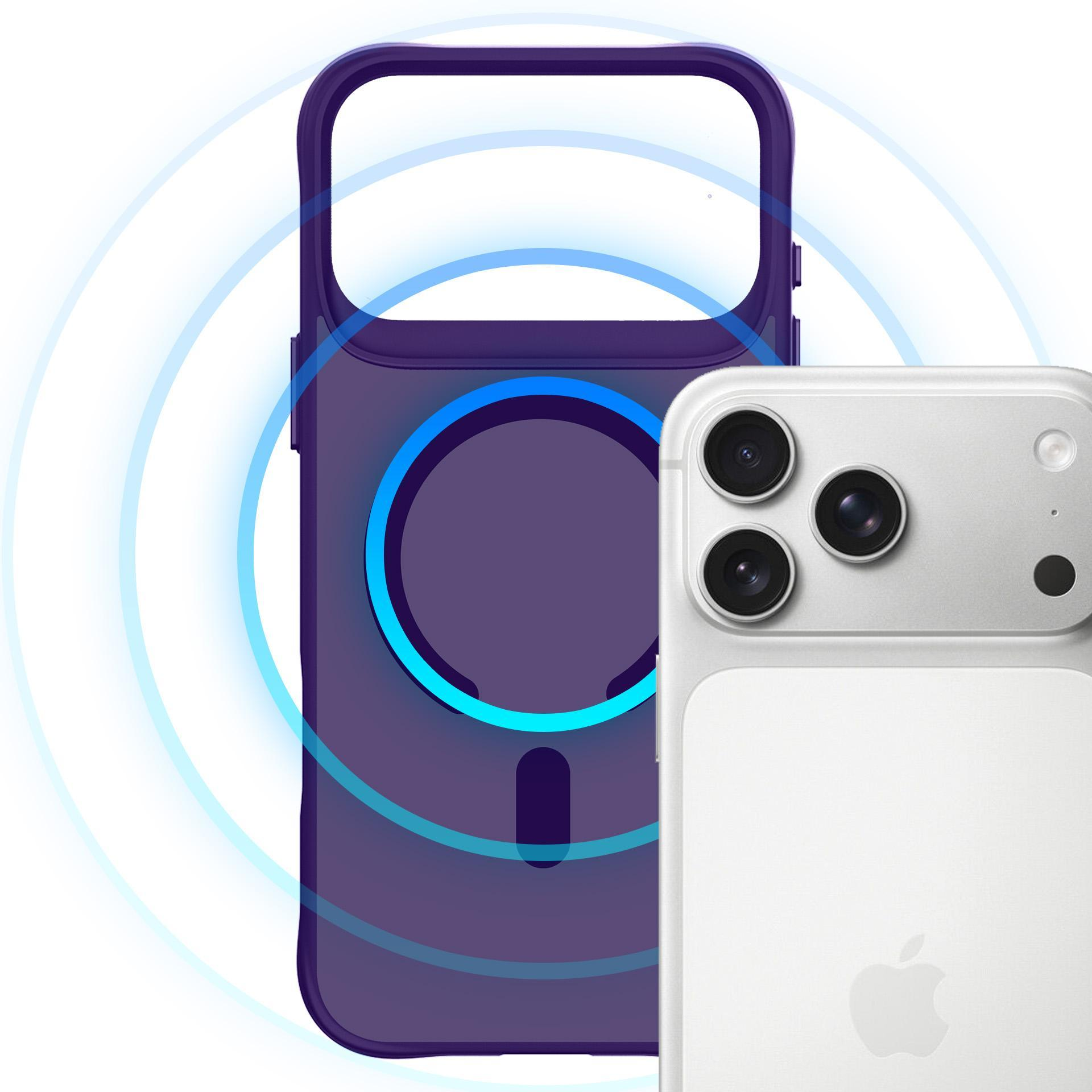 Una cover viola per iPhone con anelli blu accanto a un iPhone bianco con tre fotocamere.