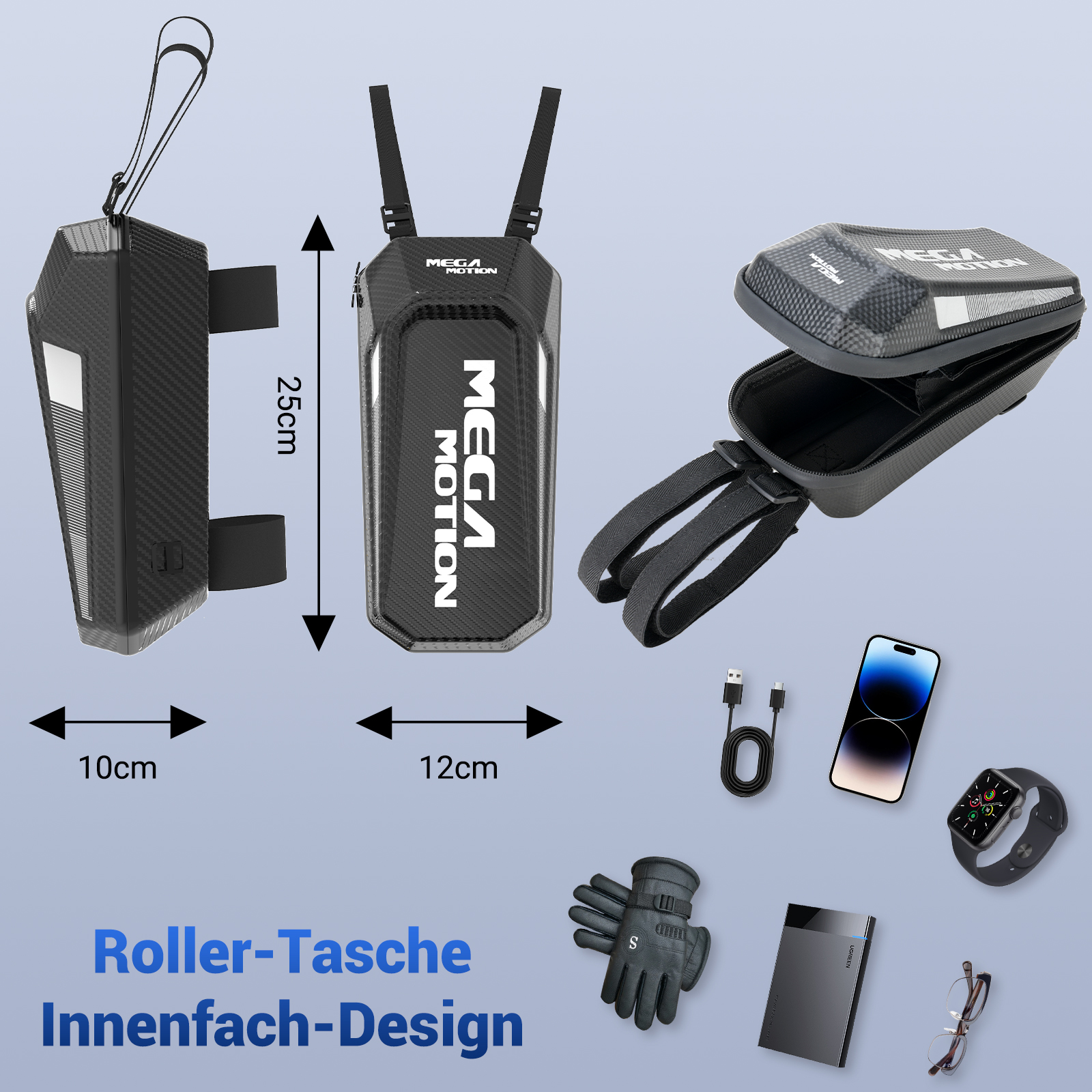 Czarna torba na hulajnogę z akcesoriami: telefon, zegarek, kabel, rękawica.