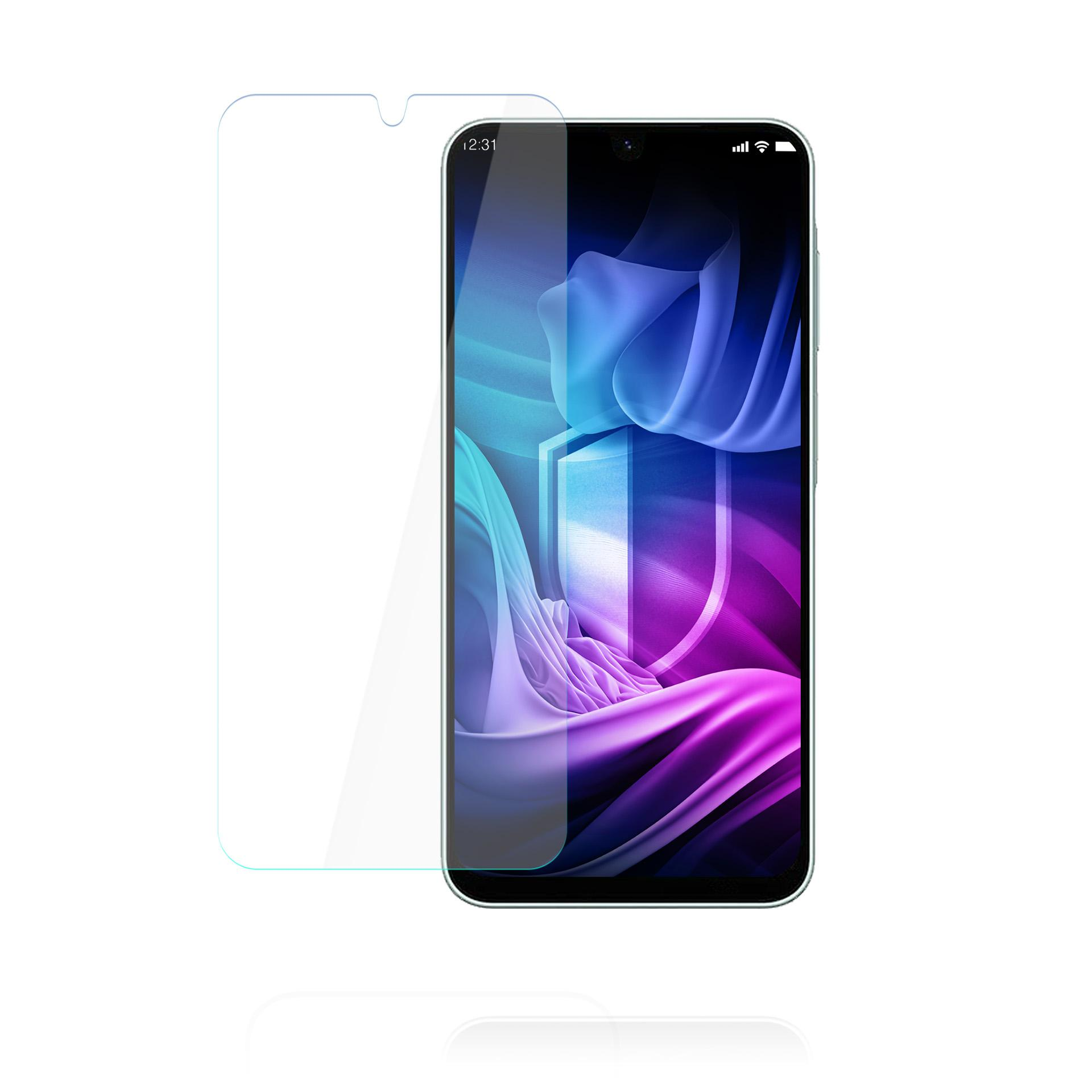 Una protezione schermo in vetro accanto a uno smartphone con sfondo colorato.