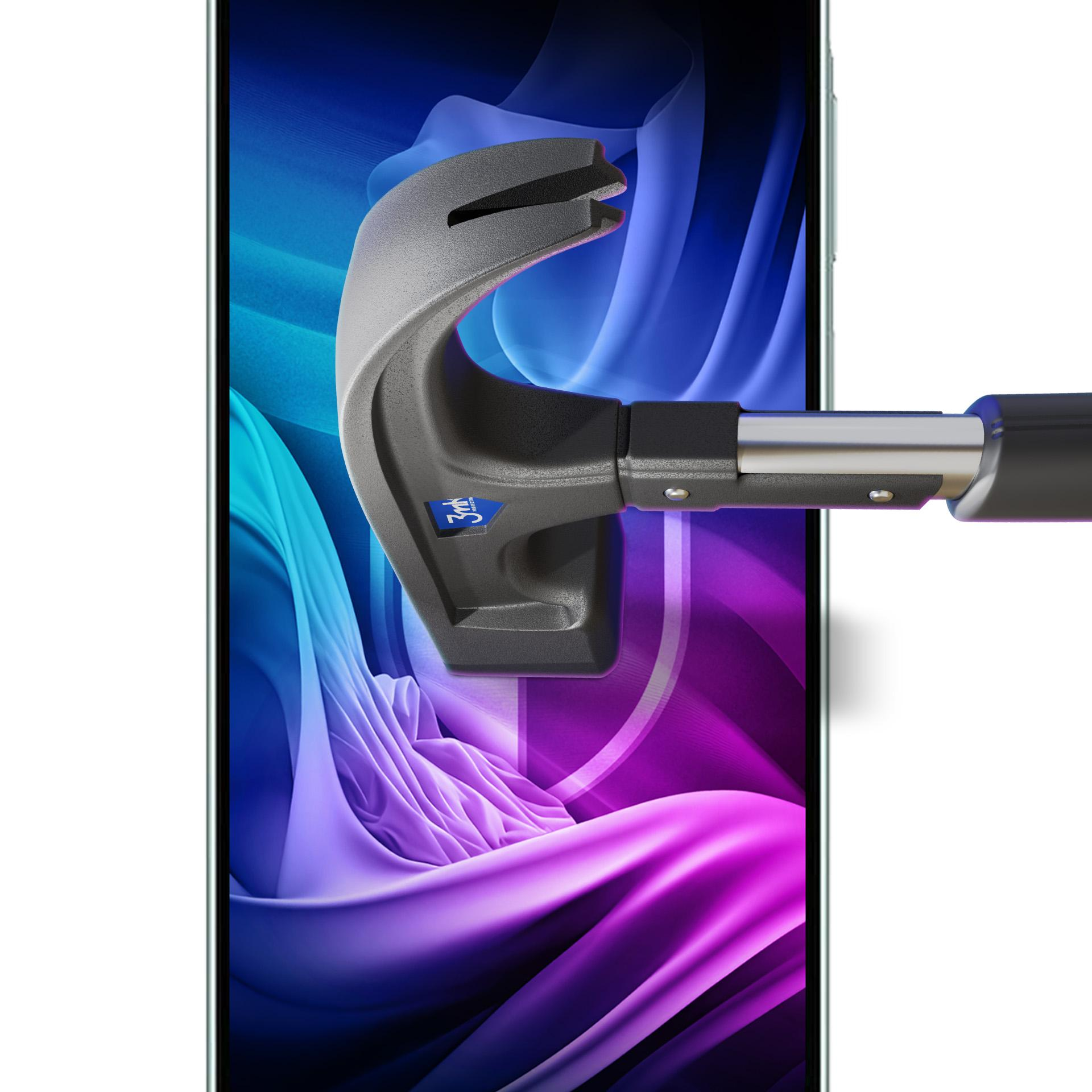 Un martello nero testa lo schermo di uno smartphone con motivi ondulatori blu e viola.