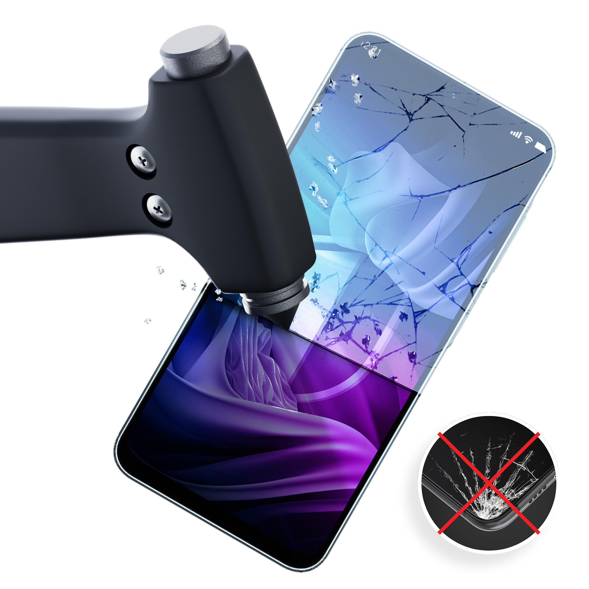 Un martello colpisce uno schermo di smartphone rotto.