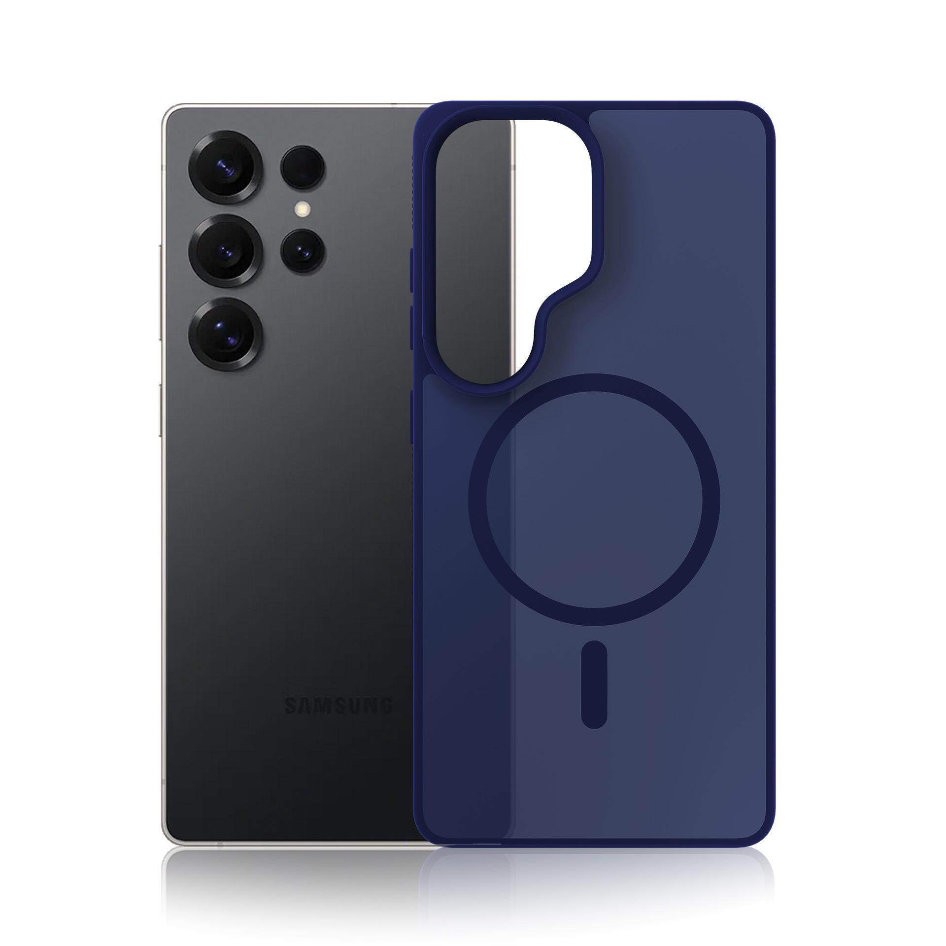 Ciemny smartfon leży obok granatowego etui na telefon z pierścieniem magnetycznym.