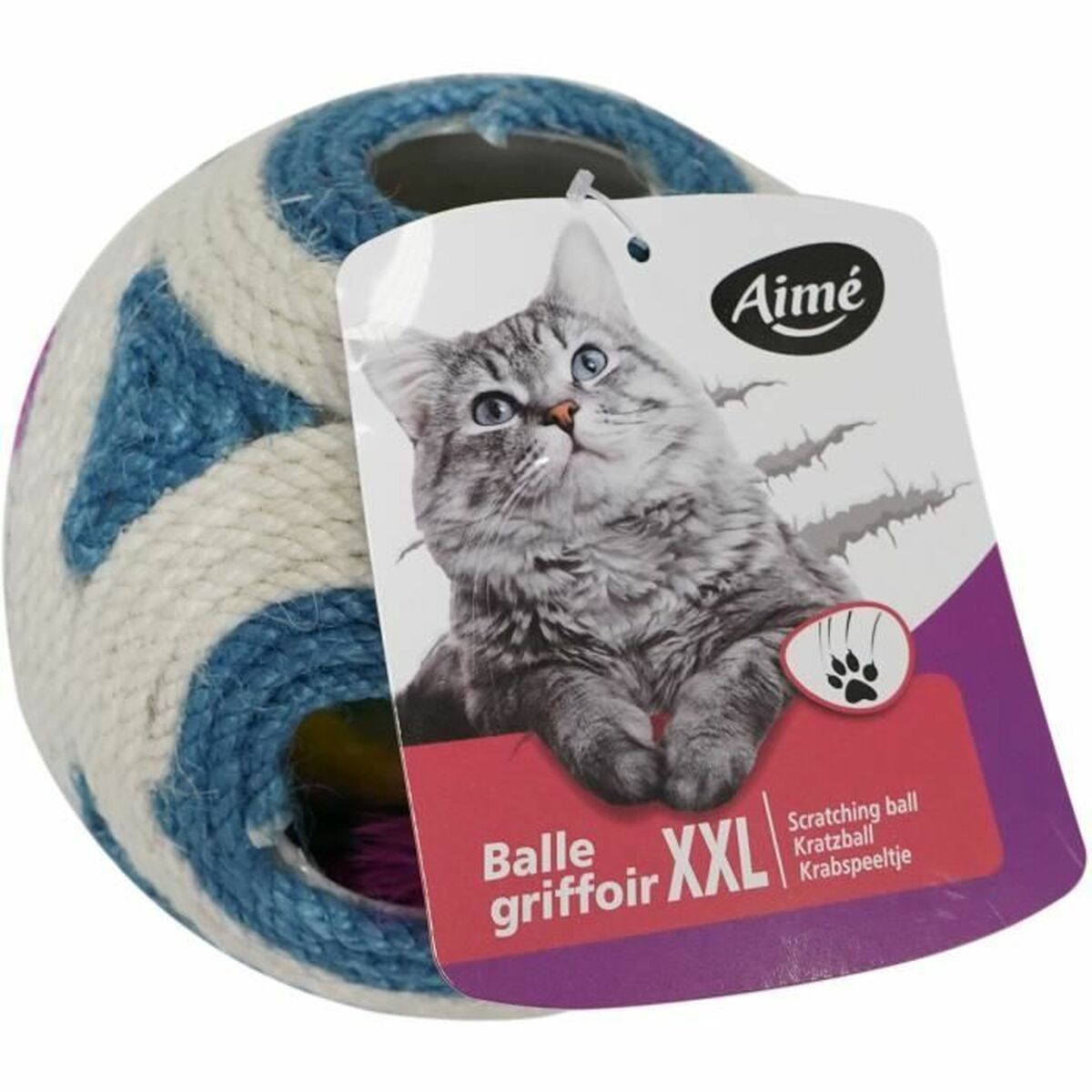 Un tiragraffi a forma di palla con corda blu e bianca, con immagine di gatto e info prodotto.