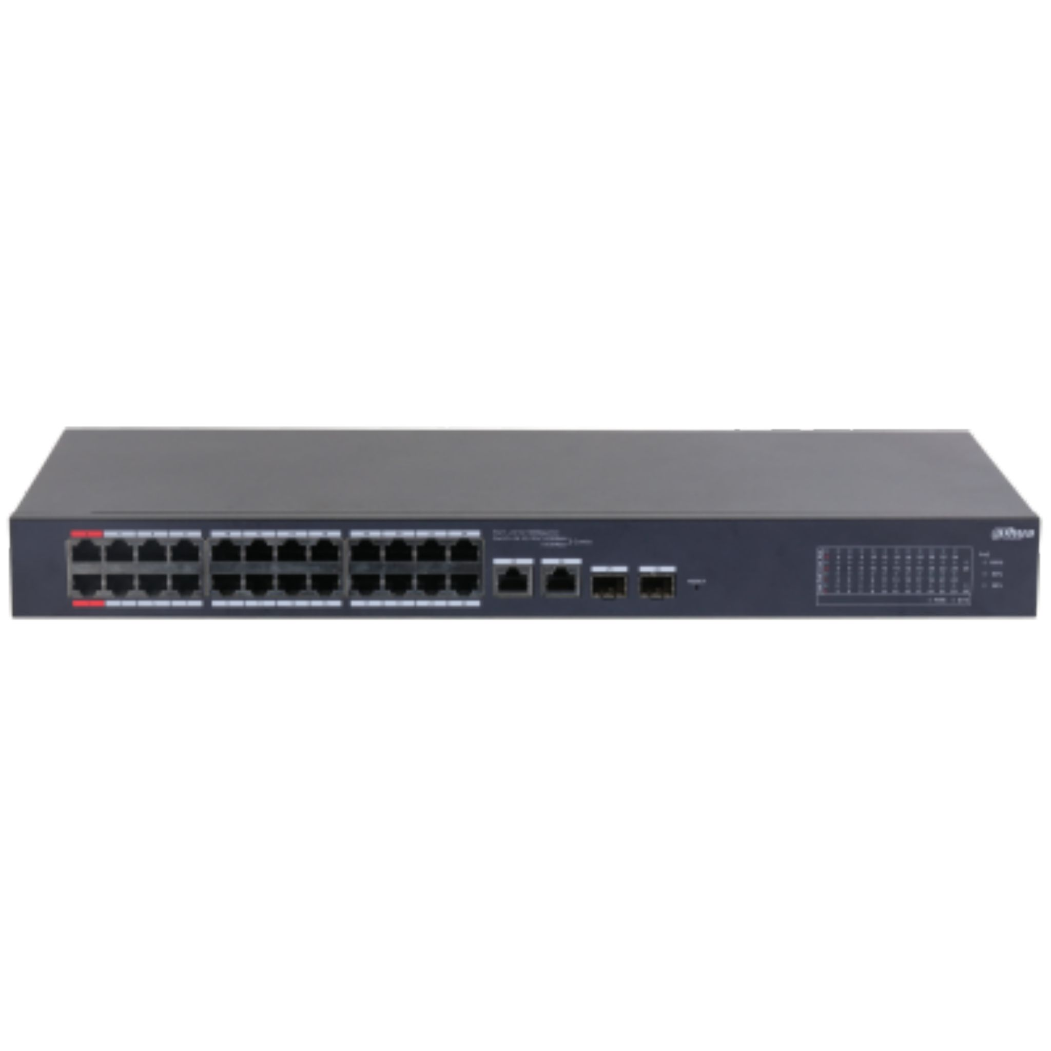 24 bağlantı noktalı ve 4 uplink bağlantı noktalı gri ağ anahtarı.