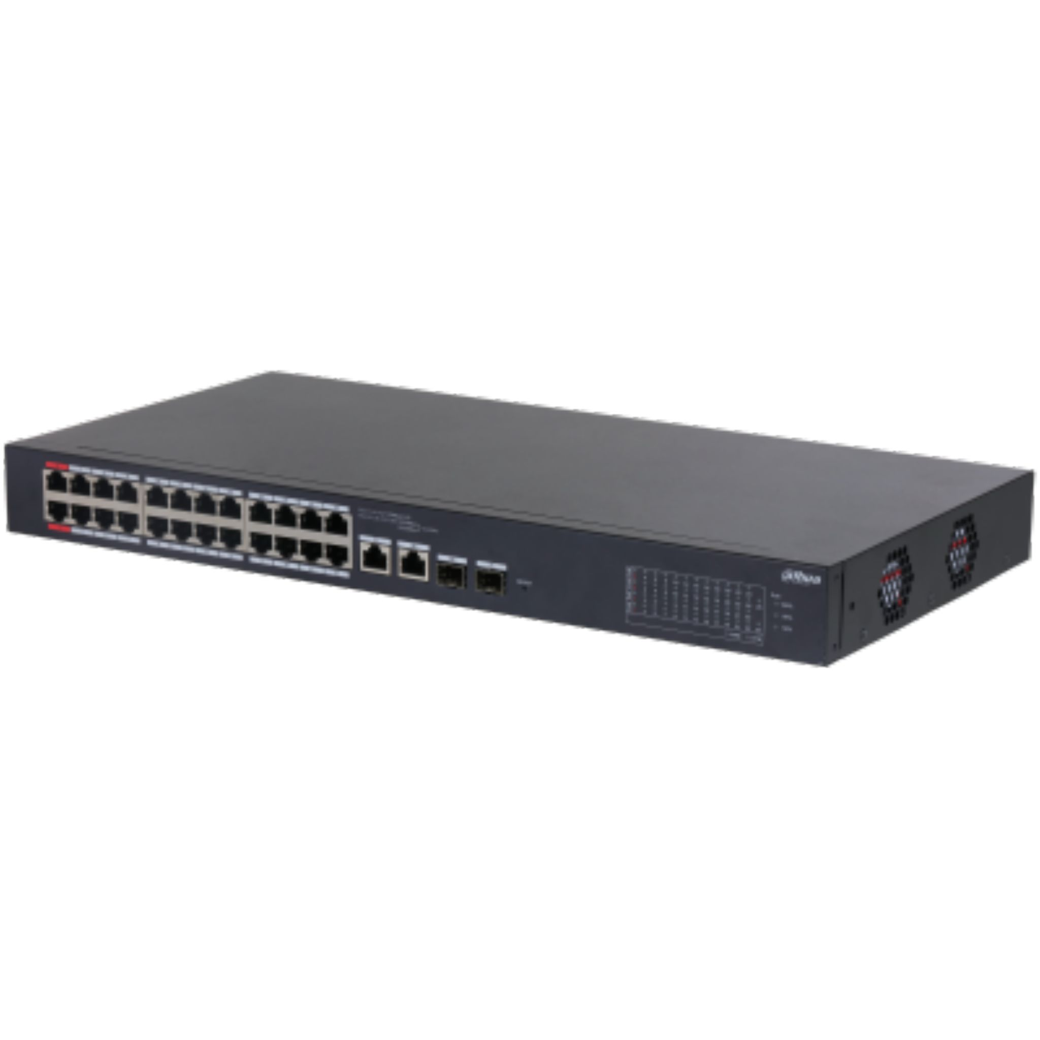 24 Ethernet portlu ve fanlı siyah bir ağ anahtarı.