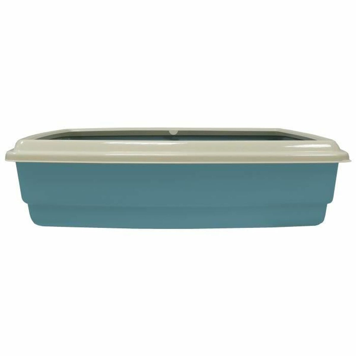 Una lettiera blu con coperchio beige.