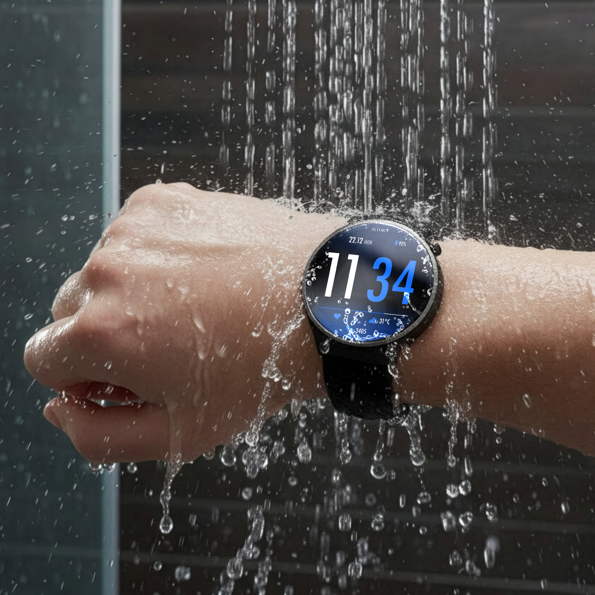 Dłoń w smartwatchu pod prysznicem. Woda rozpryskuje się.