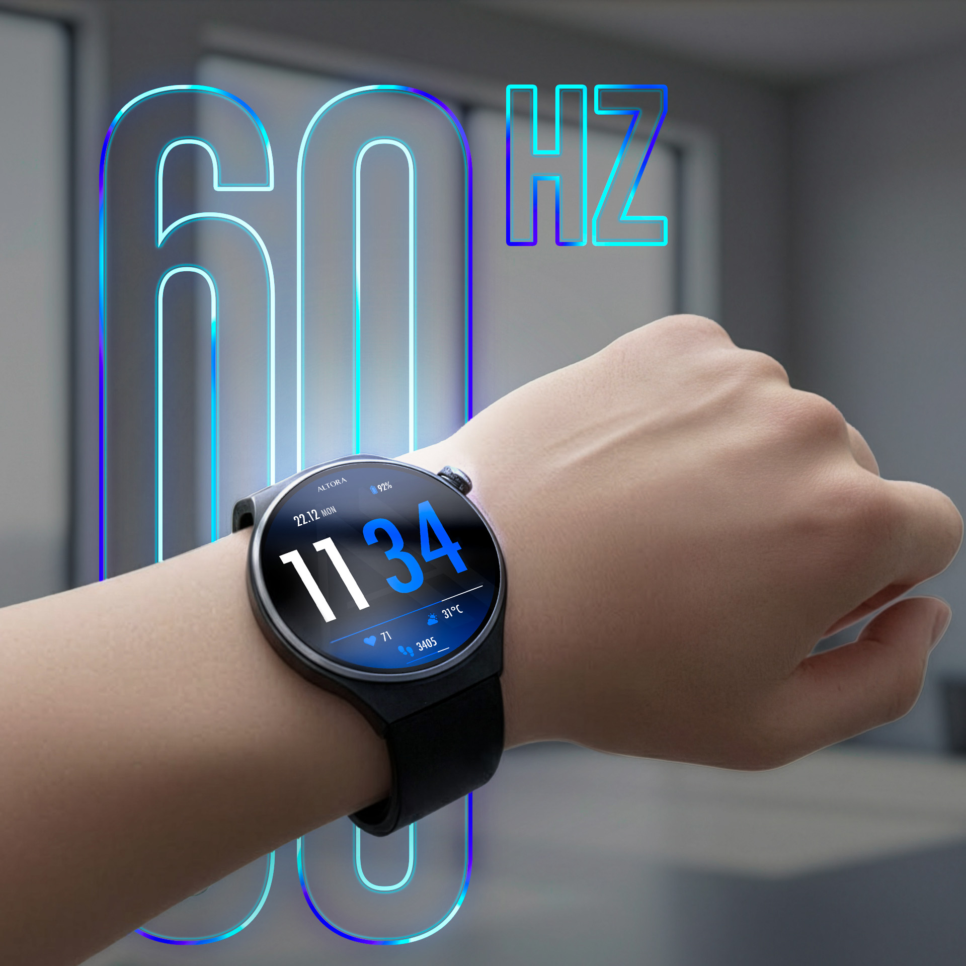 Ramię ze smartwatchem, 11:34, 22.12, 31°C, 92% baterii.