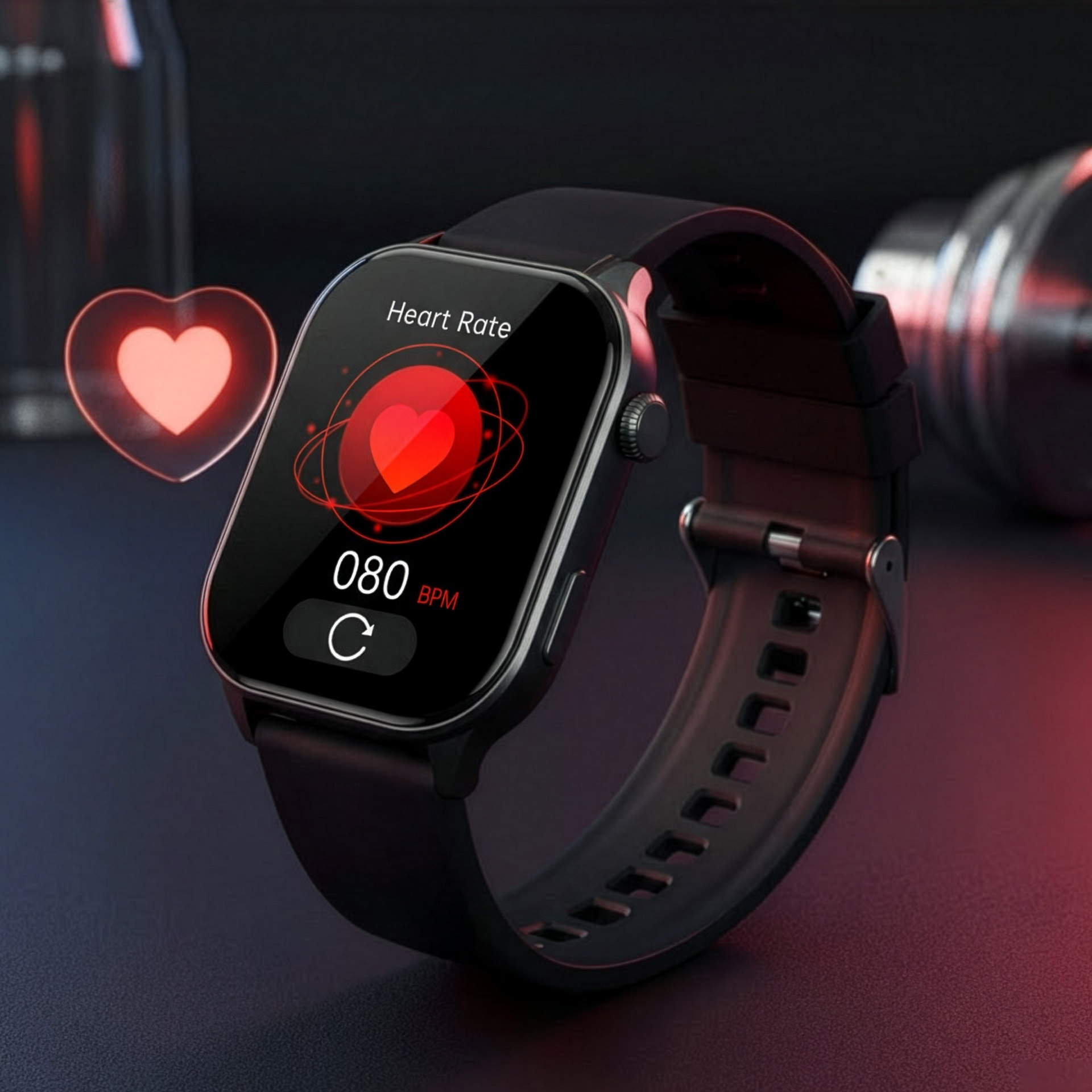 Czarny smartwatch wyświetla "Tętno" i 80 BPM.