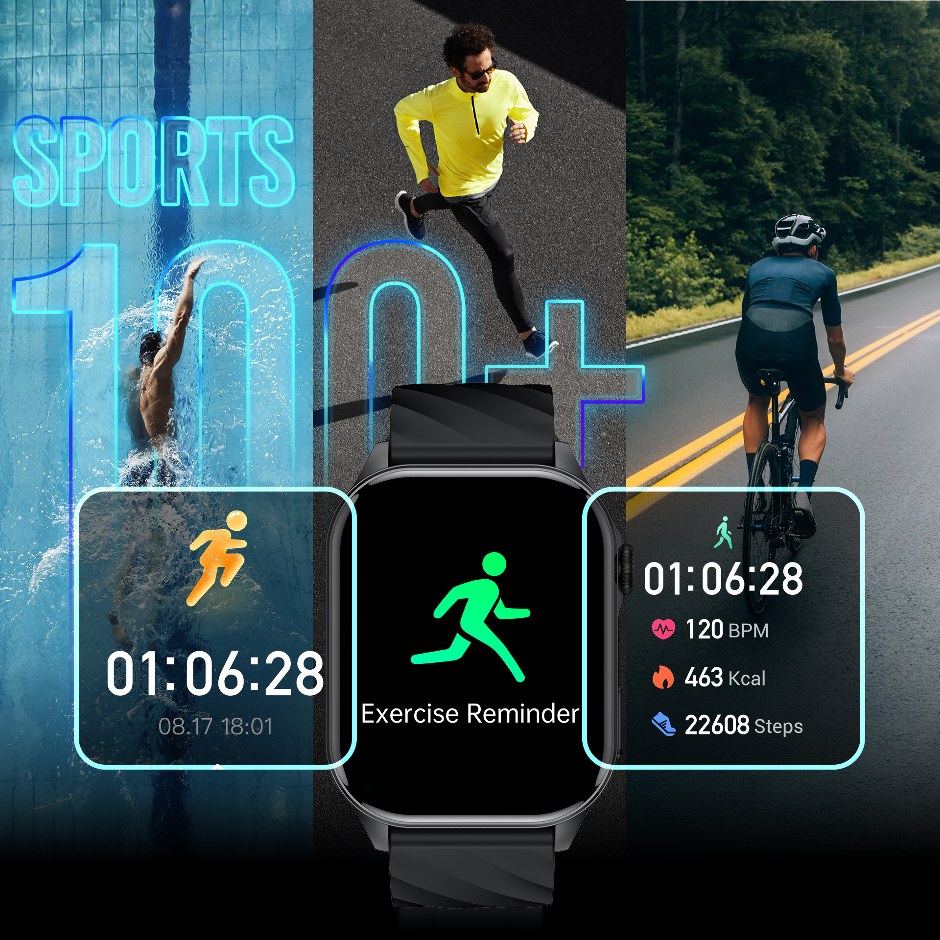 Kolaż przedstawiający pływaka, biegacza, kolarza i smartwatch z danymi sportowymi.