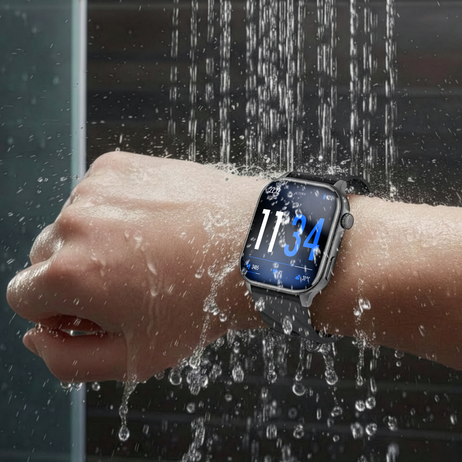 Dłoń z inteligentnym zegarkiem pod bieżącą wodą. Godzina 11:34.